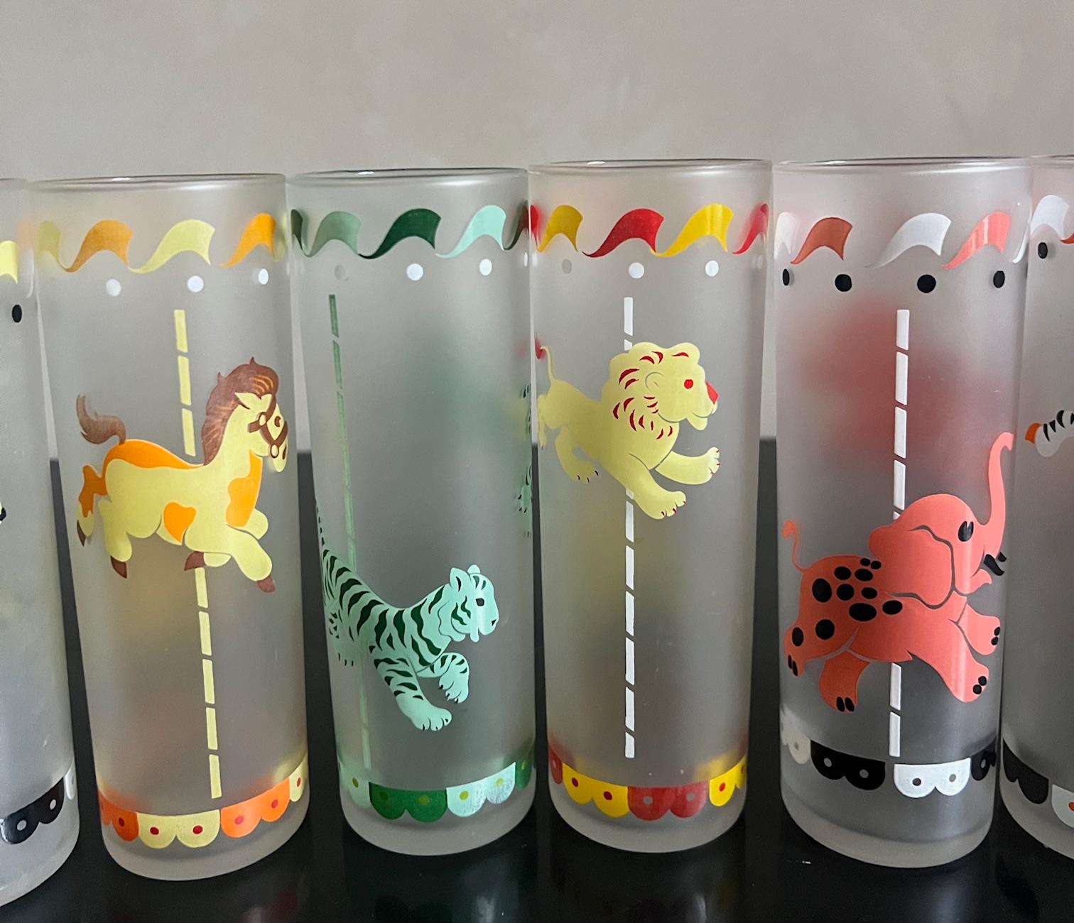 Libbey Frosted Cocktail / Collins Glasses With Carousel Animals- Set of 8 In Good Condition For Sale In Ross, CA