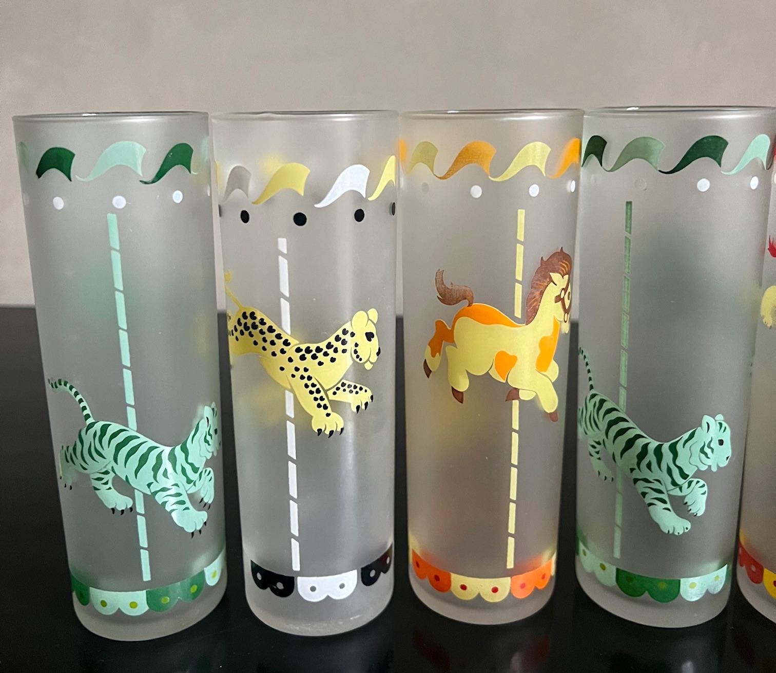Libbey Frosted Cocktail / Collins Glasses With Carousel Animals- Set of 8 In Good Condition For Sale In Ross, CA