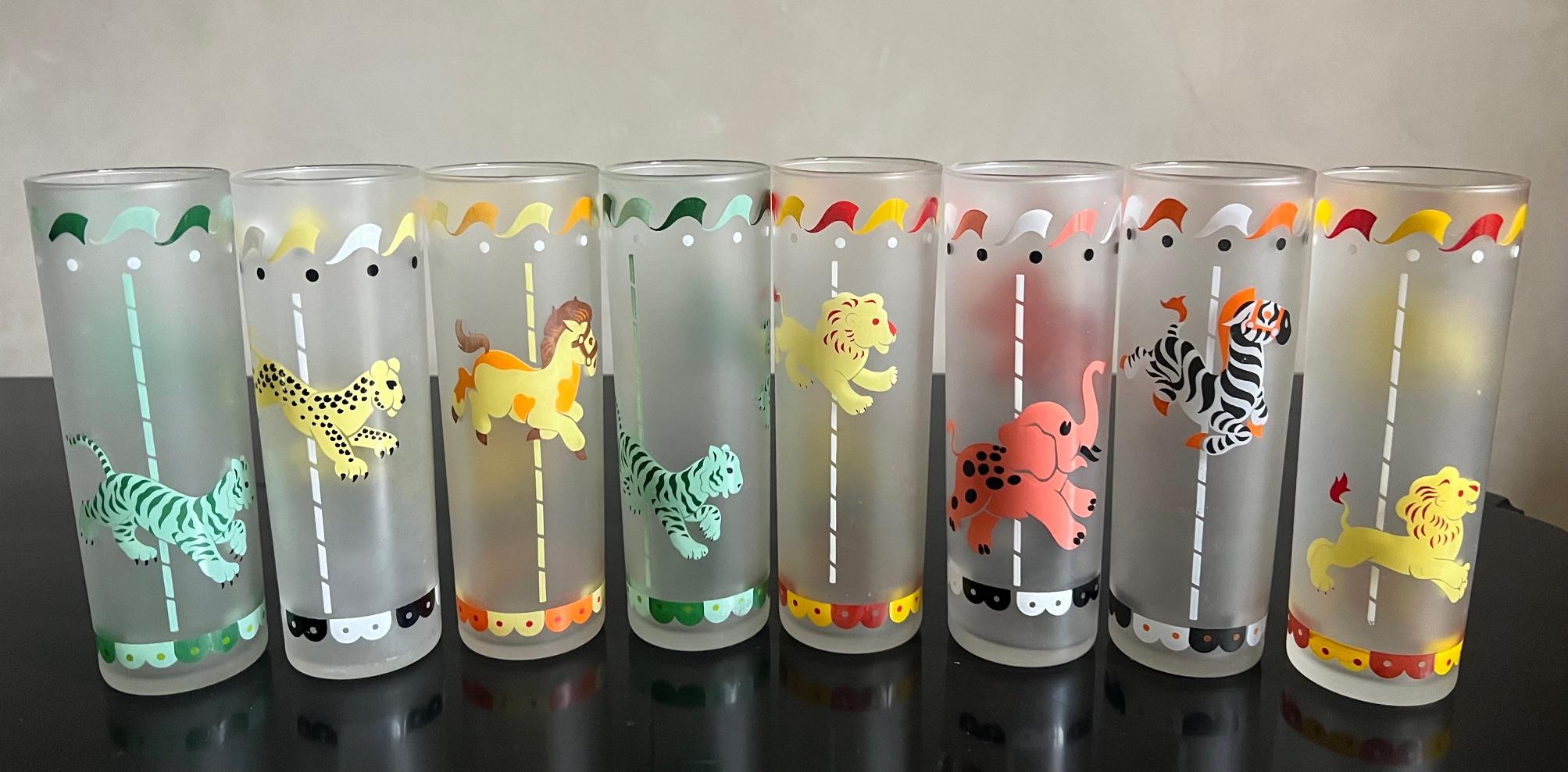 Blown Glass Libbey Frosted Cocktail / Collins Glasses With Carousel Animals- Set of 8 For Sale