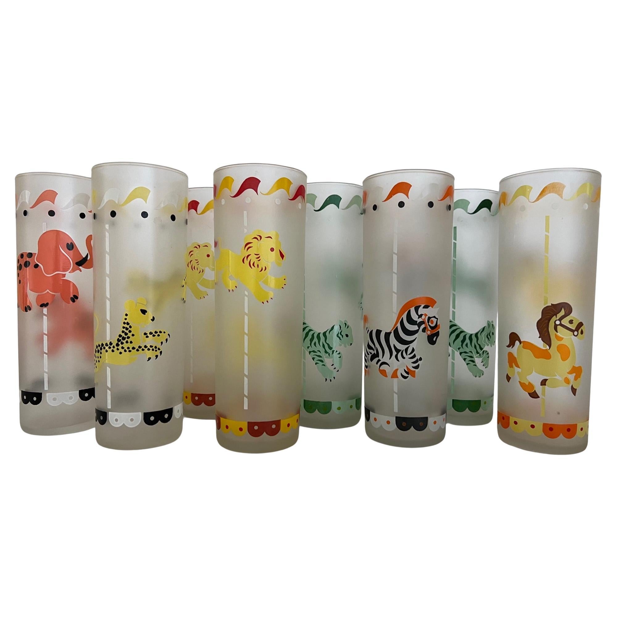 Libbey Frosted Cocktail / Collins Glasses With Carousel Animals- Set of 8