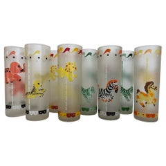 Libbey Frosted Cocktail / Collins Glasses With Carousel Animals- Set of 8