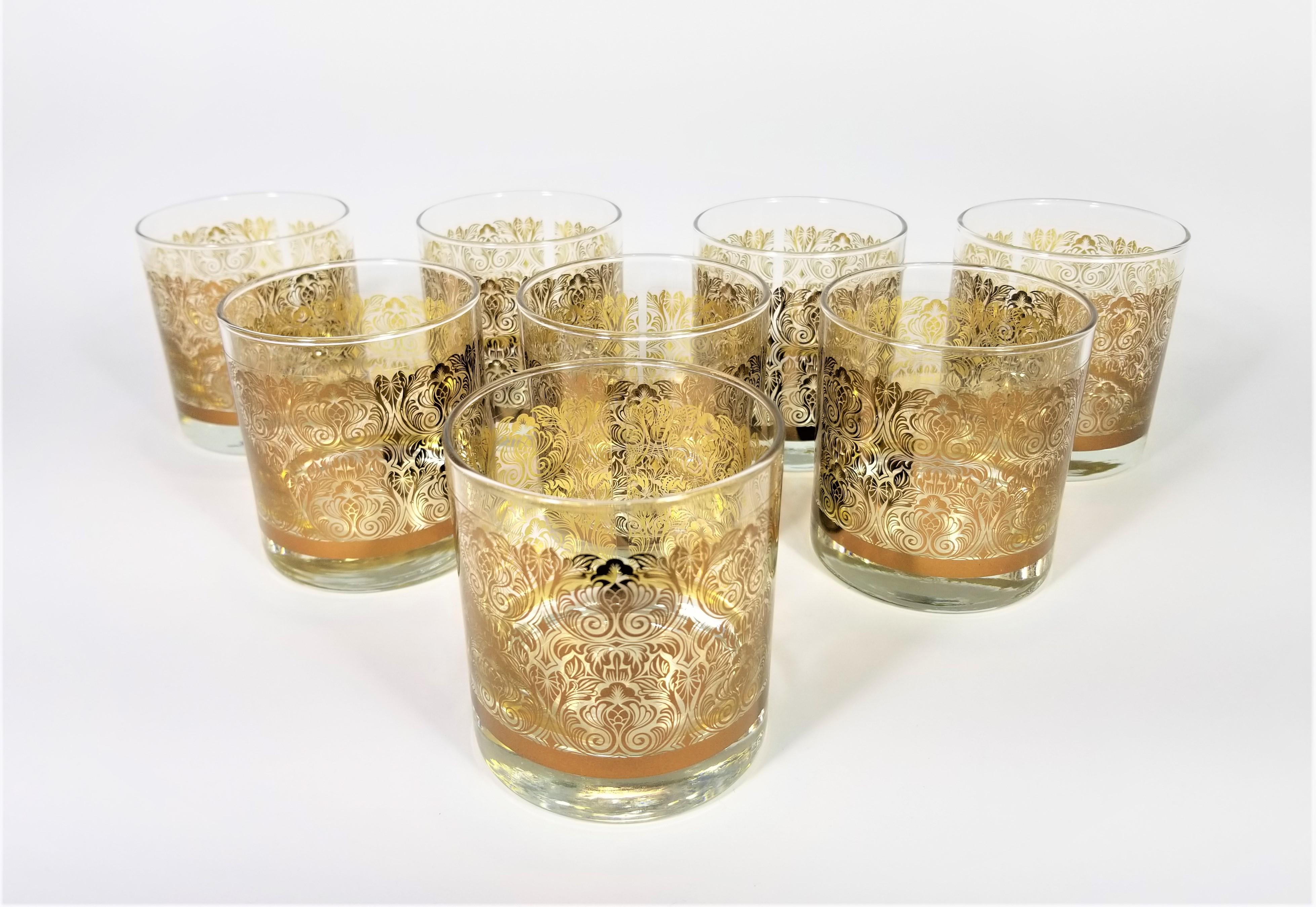 Midcentury Libbey signed glassware barware with gold filigree design. All glasses have Libbey marking on bottom. Petite rocks glasses. A perfect addition to any table, home bar or bar cart.