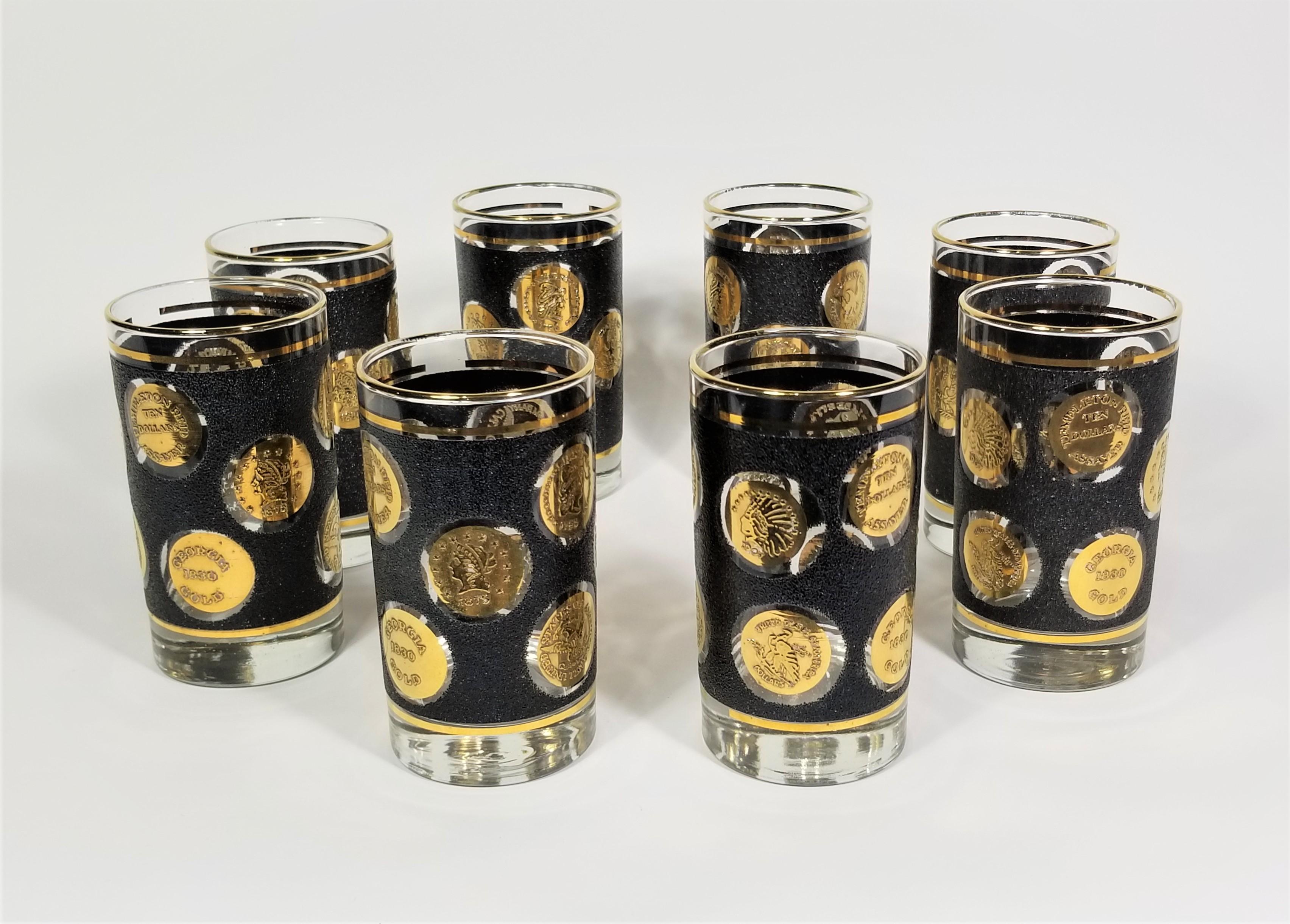Mid-century 1960s Libbey glassware barware. Gold coin and black design. Set of 8 12 oz glasses. 

Set was in the Original Box and appears to be unused.