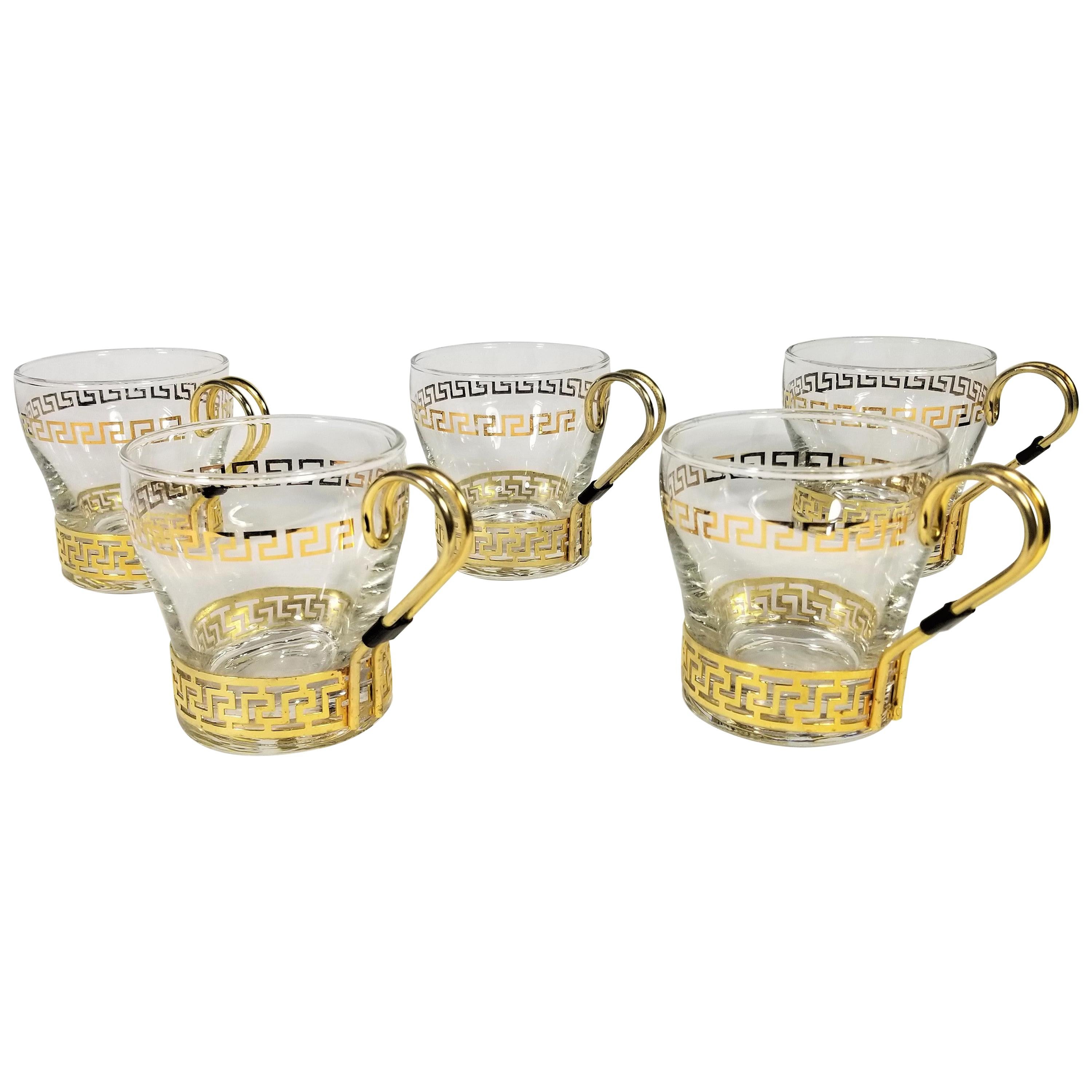 Libbey Greek Key Glassware with Gold Design Midcentury For Sale