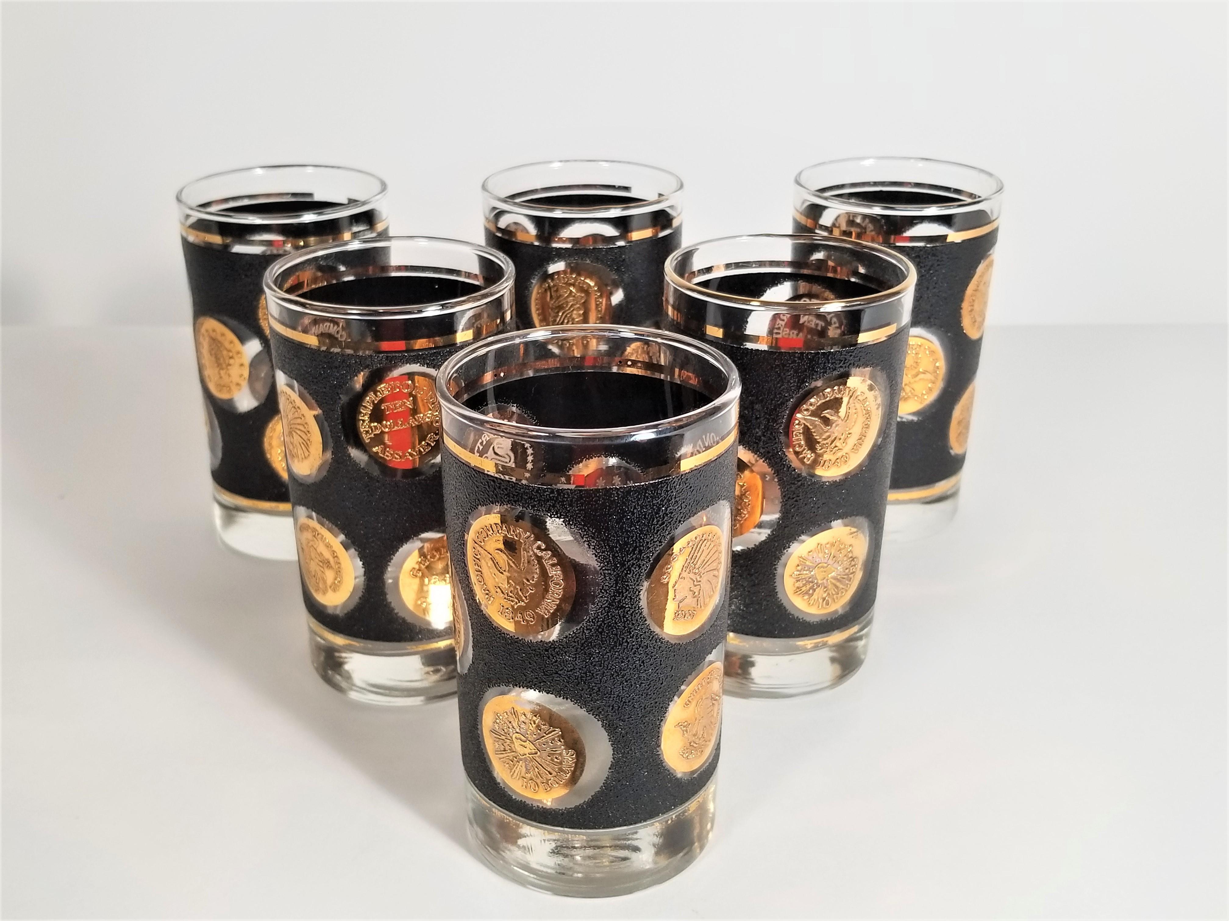 6 1960s midcentury black and gold glasses by Libbey. We also have the tumbler / rocks size listed for sale.