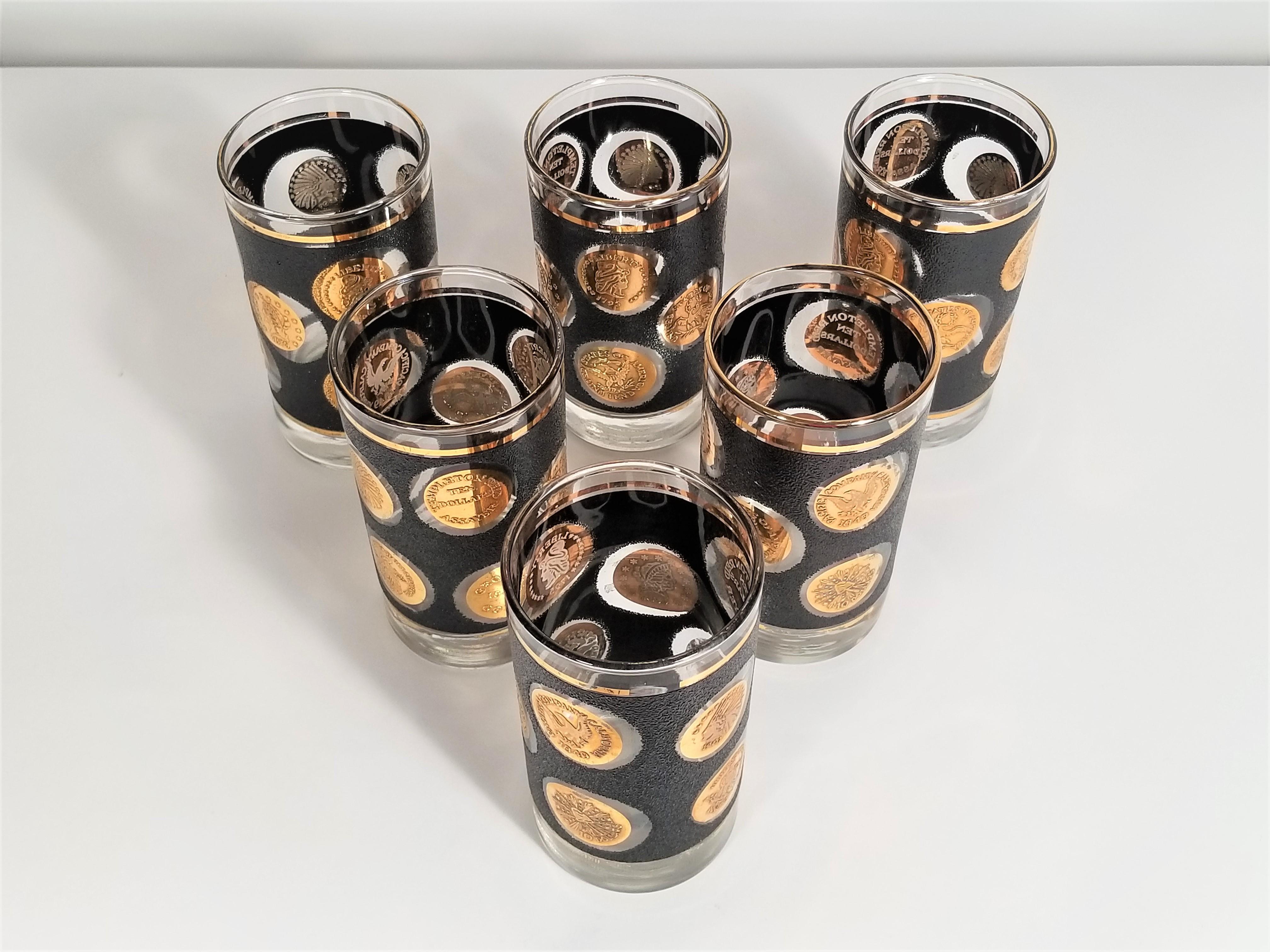 Libbey Midcentury 1960s Black and Gold Glassware Set of 6 In Good Condition In New York, NY