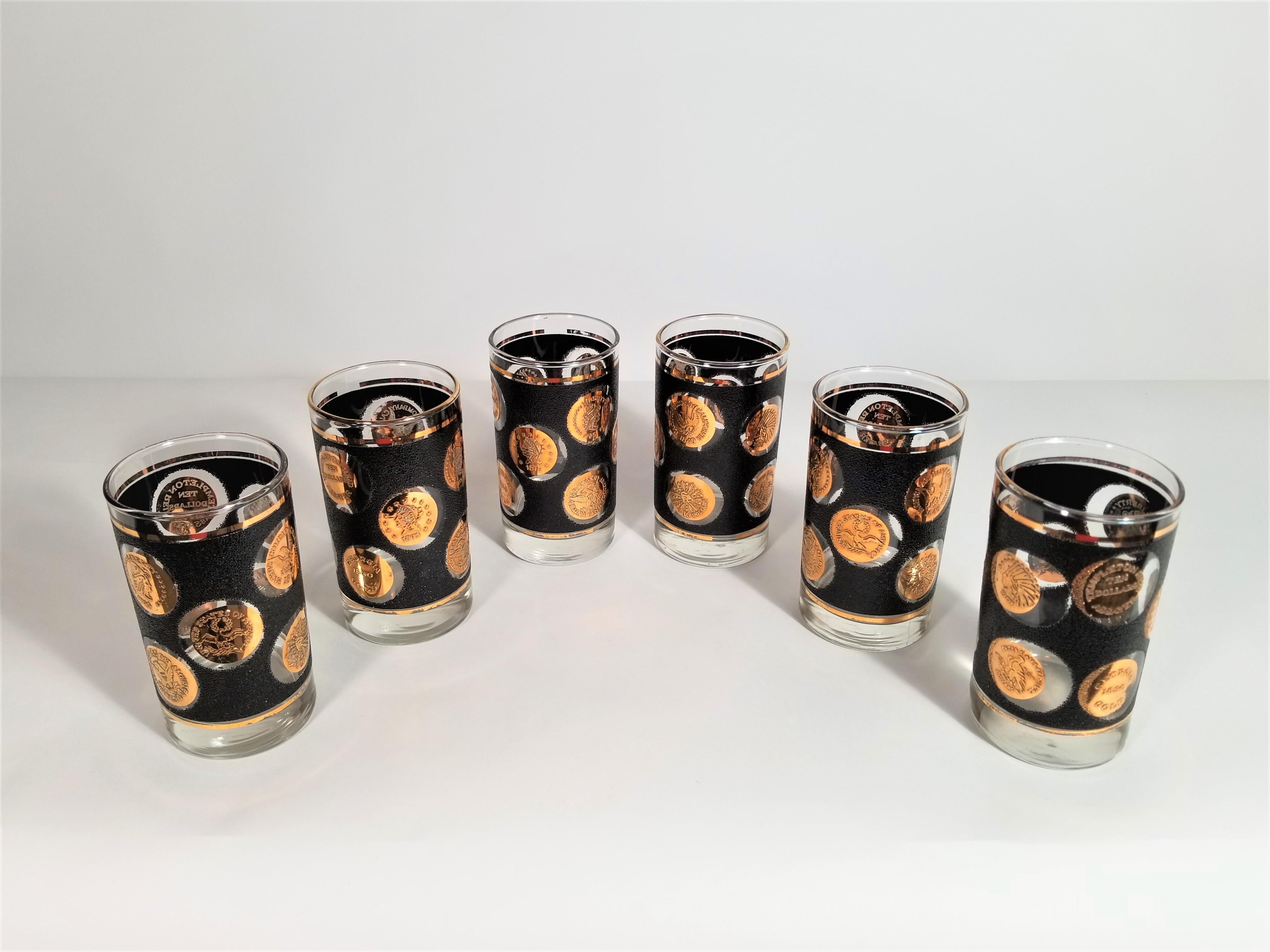20th Century Libbey Midcentury 1960s Black and Gold Glassware Set of 6