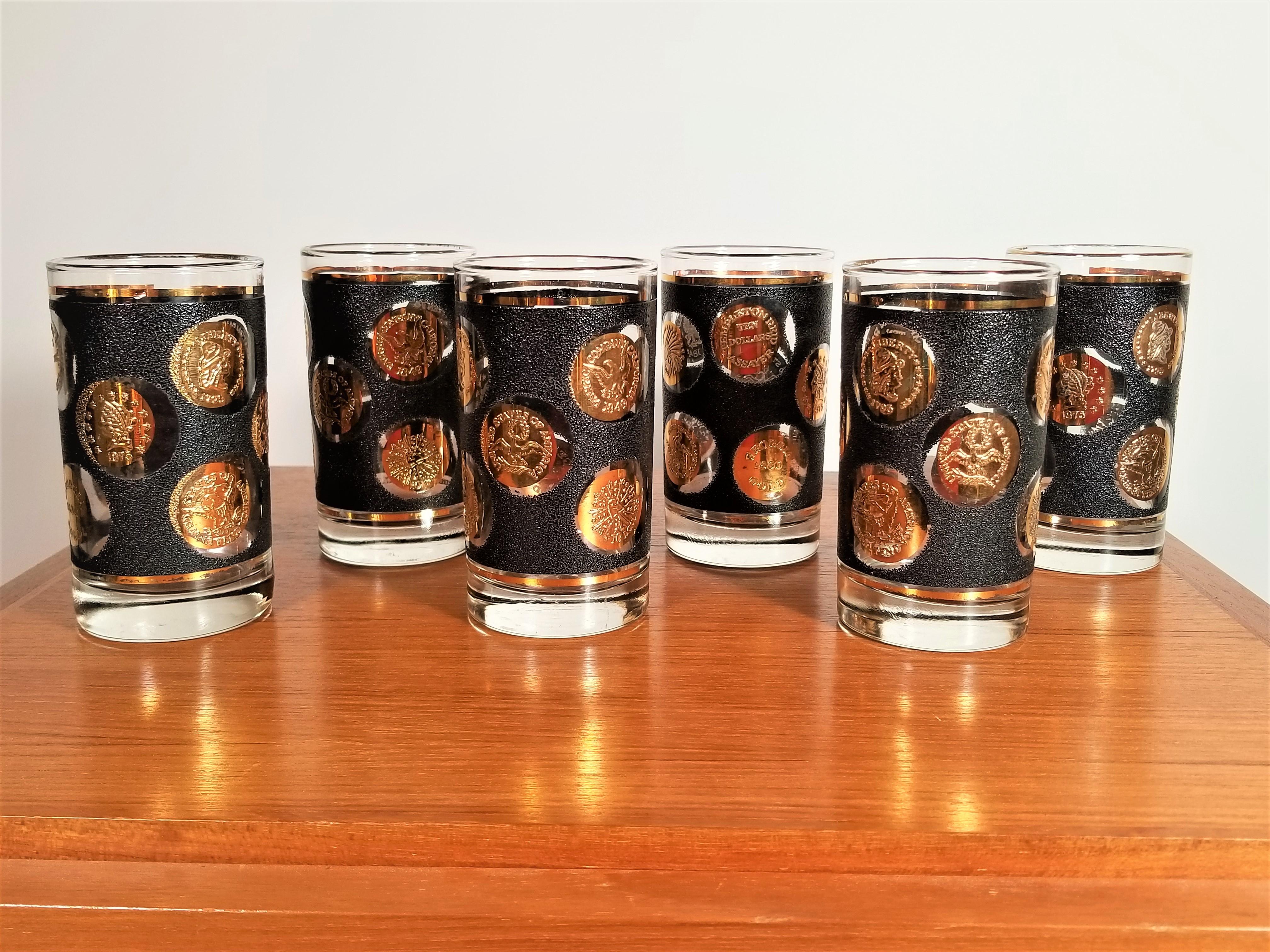 Libbey Midcentury 1960s Black and Gold Glassware Set of 6 1