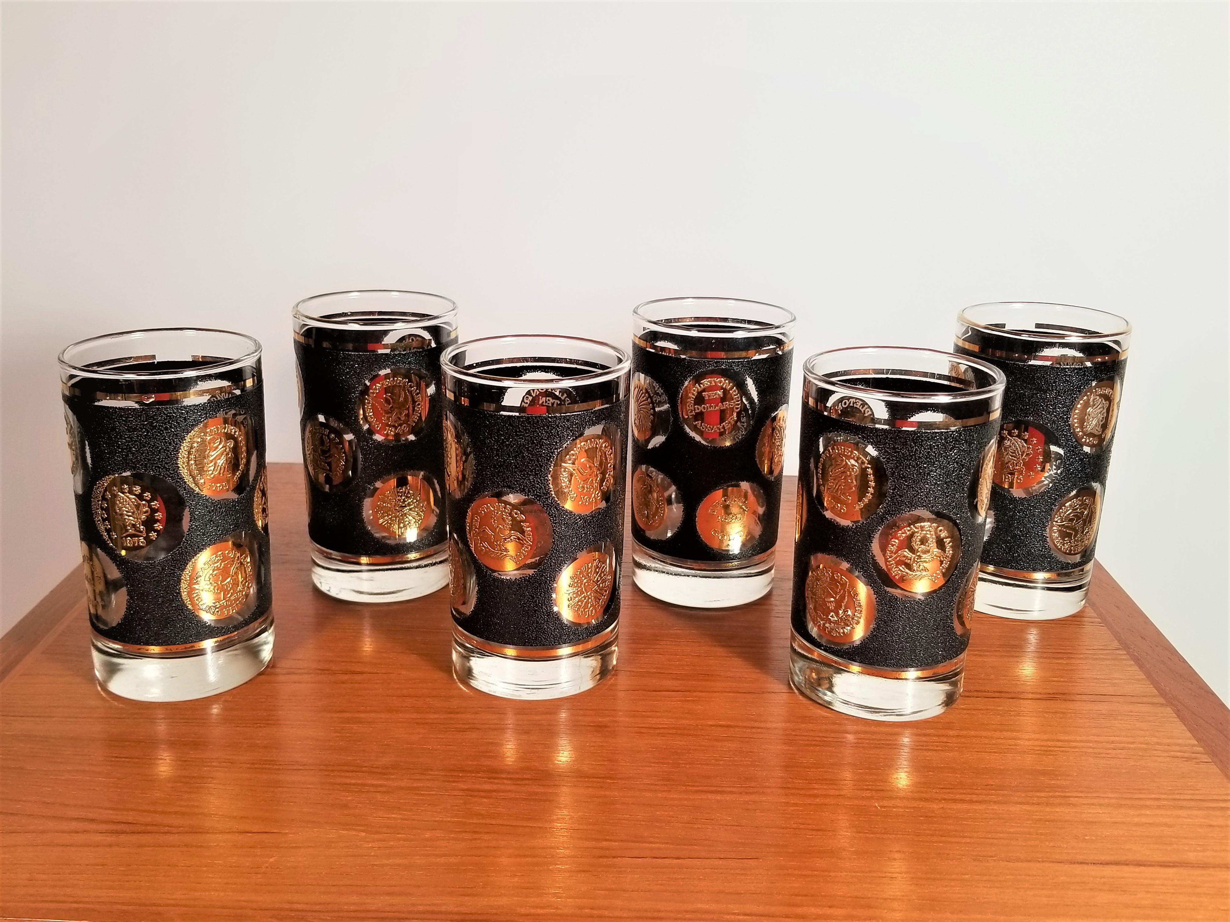 Libbey Midcentury 1960s Black and Gold Glassware Set of 6 2