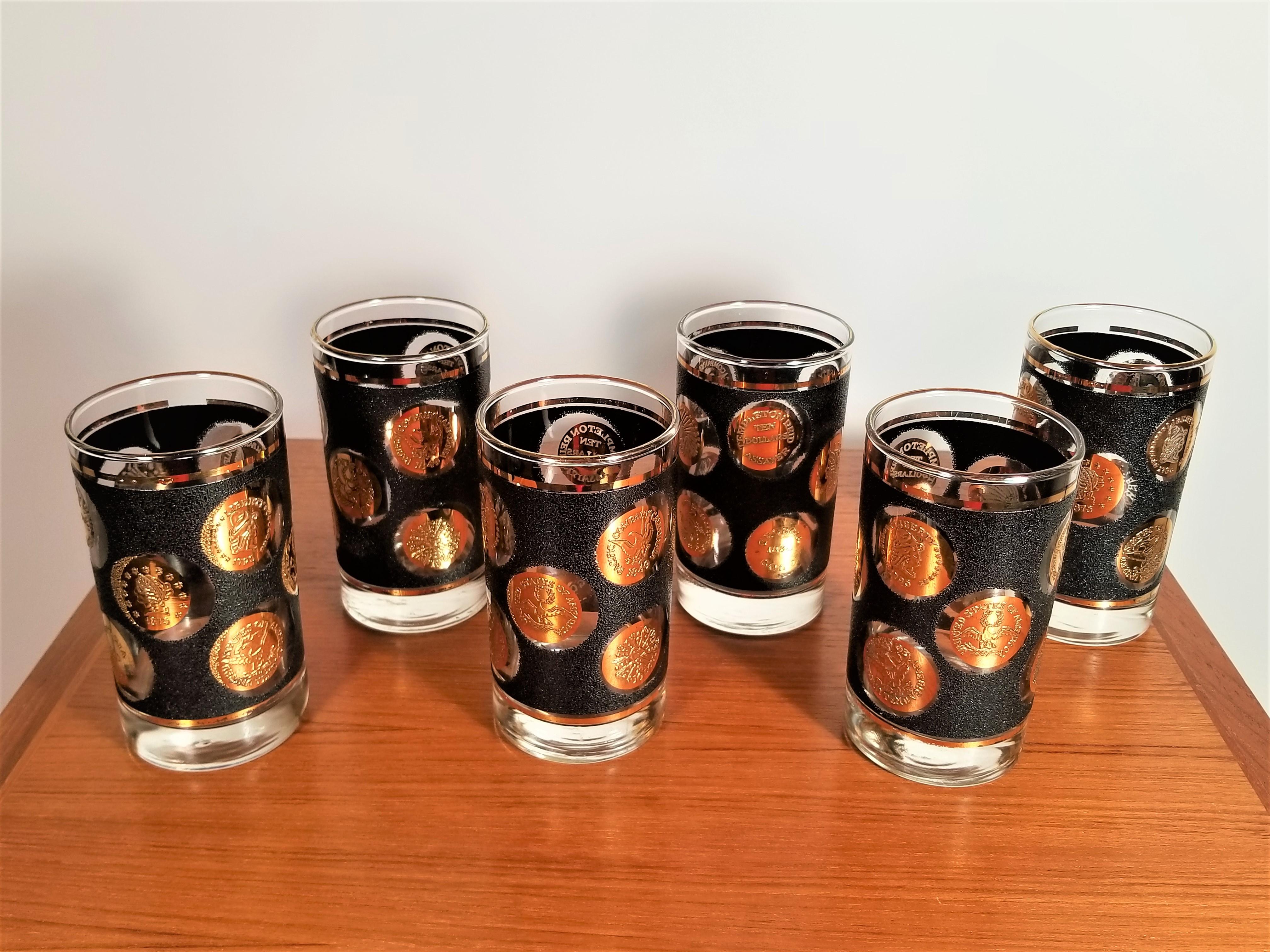Libbey Midcentury 1960s Black and Gold Glassware Set of 6 3