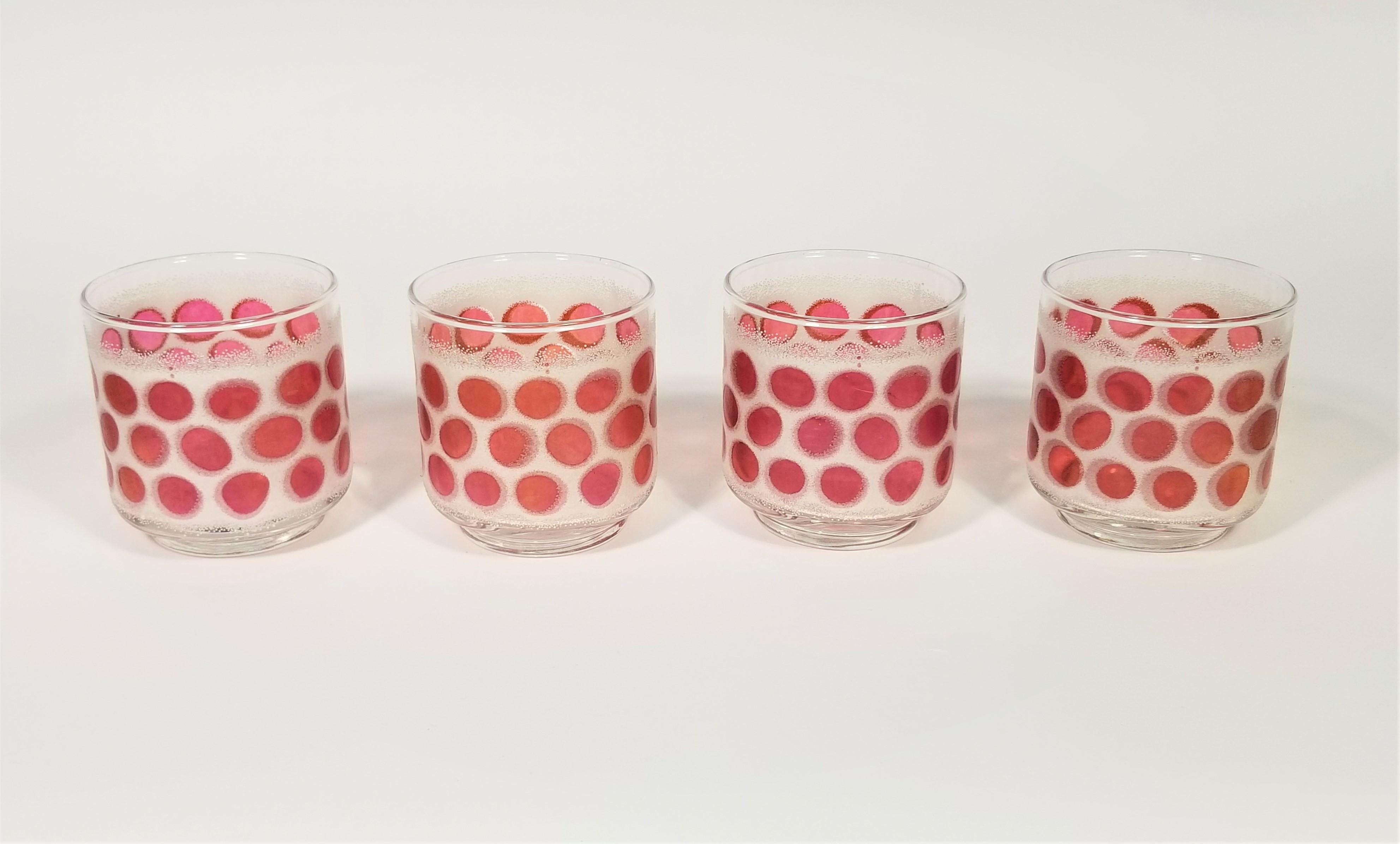 Mid Century 1960s Glassware Barware. White frosted details with Reddish Spots. Fun and Festive. Perfect for bar cart. 
Excellent Condition 
