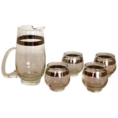 Libbey Silver Overlay Band Martini Cocktail Pitcher with Four Matching Glasses