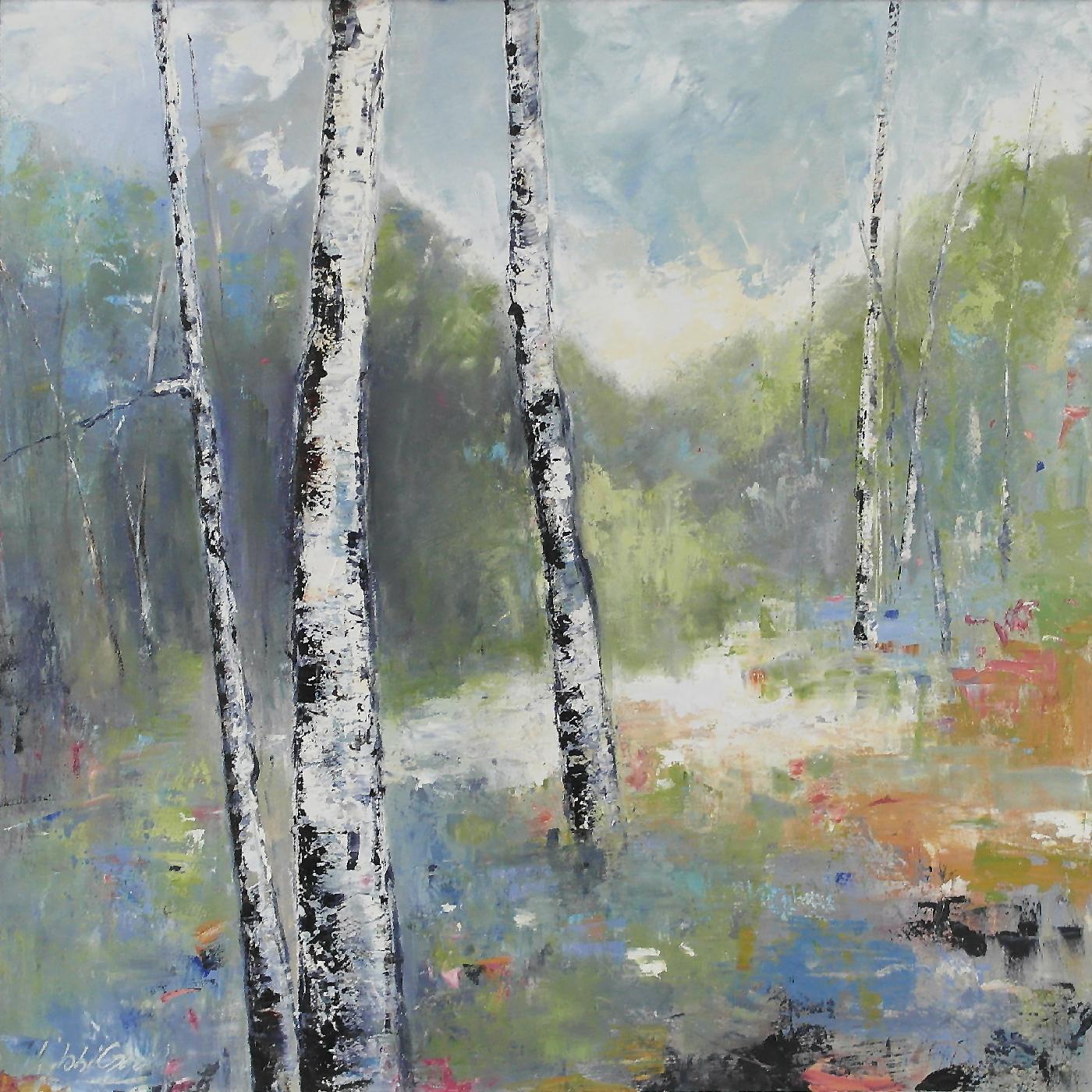 Vaso nero e rose e dittico di apertura del bosco - Landscape Painting Nero di Libbi Gooch