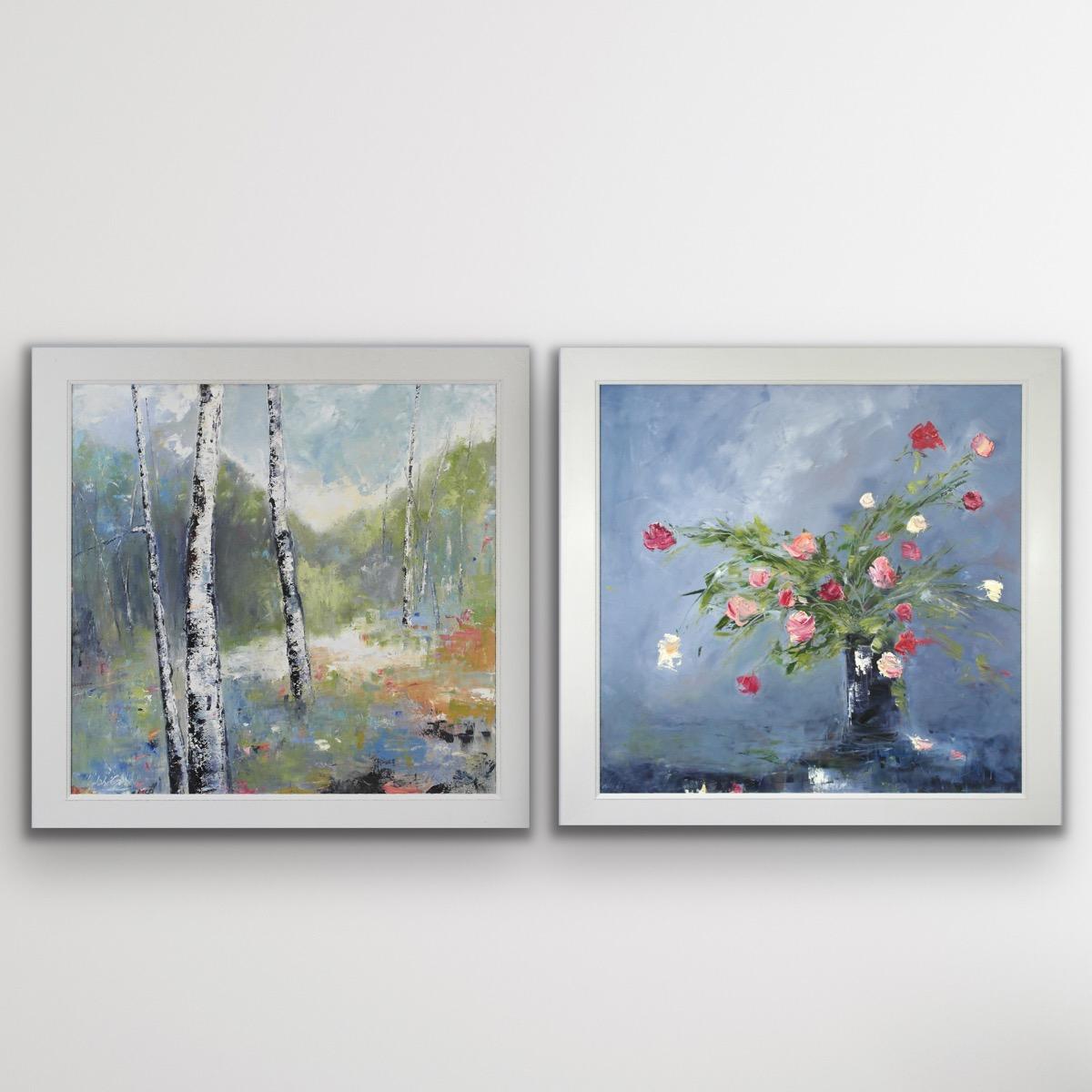 Libbi Gooch Landscape Painting - Black Jar and Roses and Woodland Opening Diptych