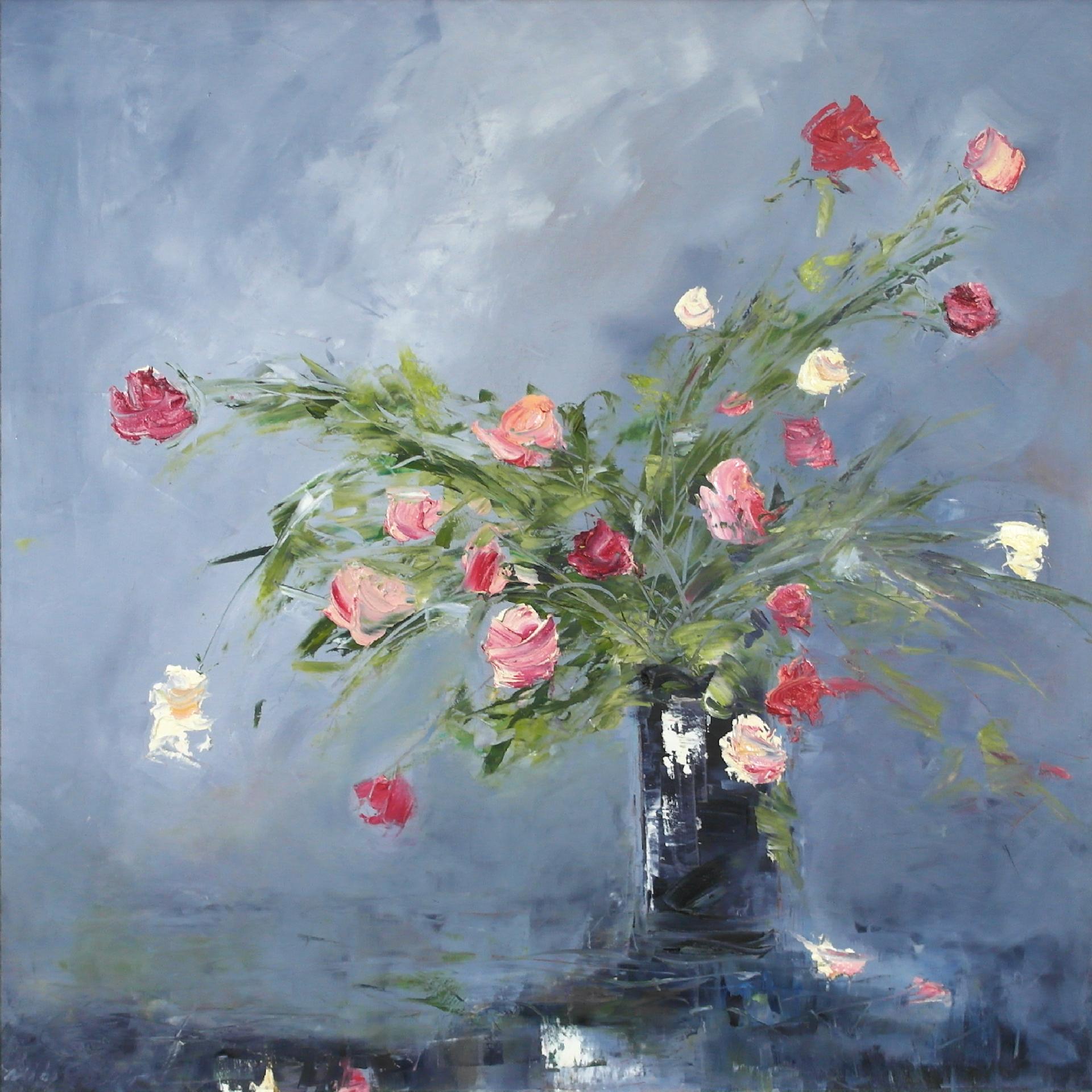 Black Jar and Roses, Libbi Gooch, Semi-Abstract Painting, Contemporary Artwork