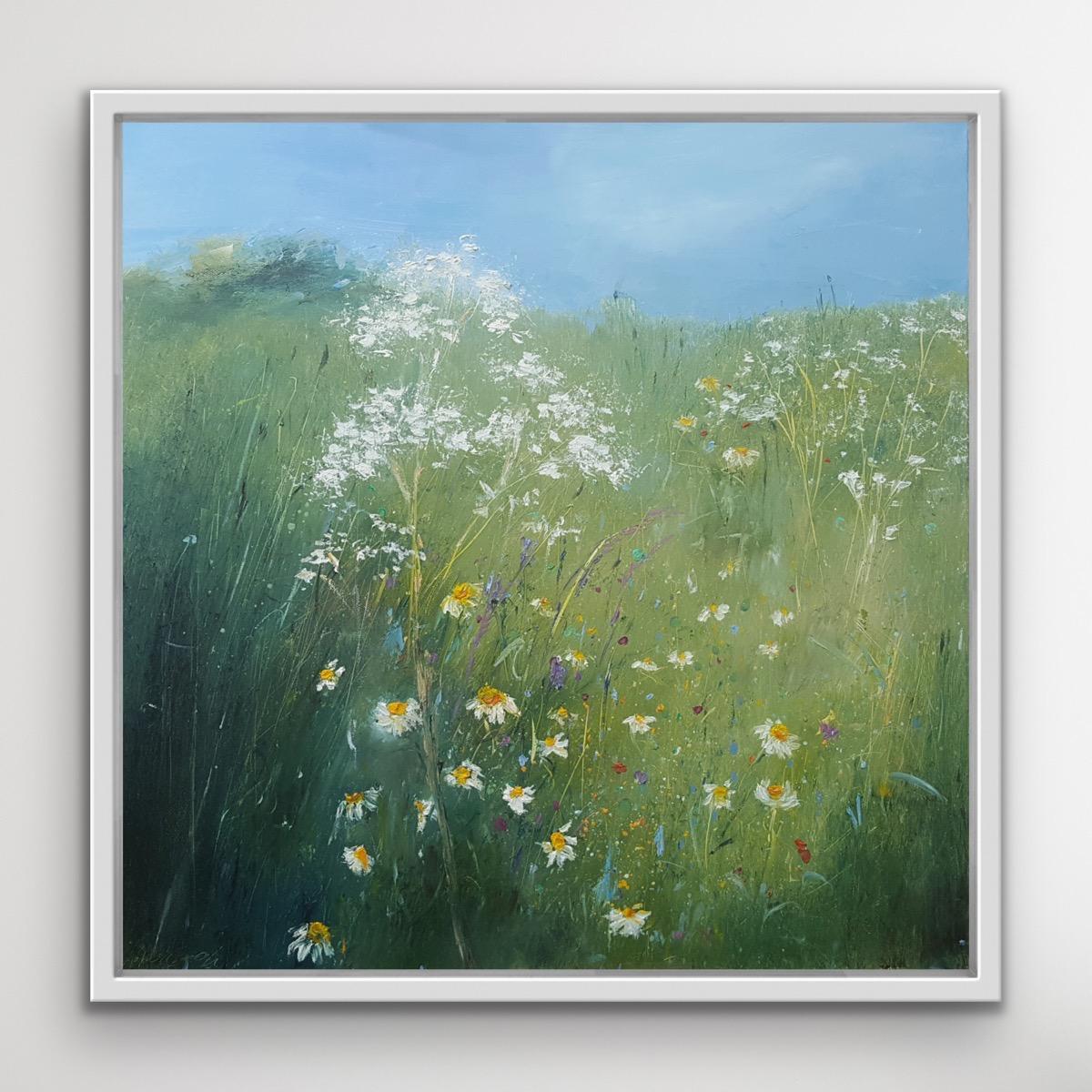 Oxeye Daisies Lower Field, Floral Art, Traditional Style Contemporary Painting - Gray Abstract Painting by Libbi Gooch