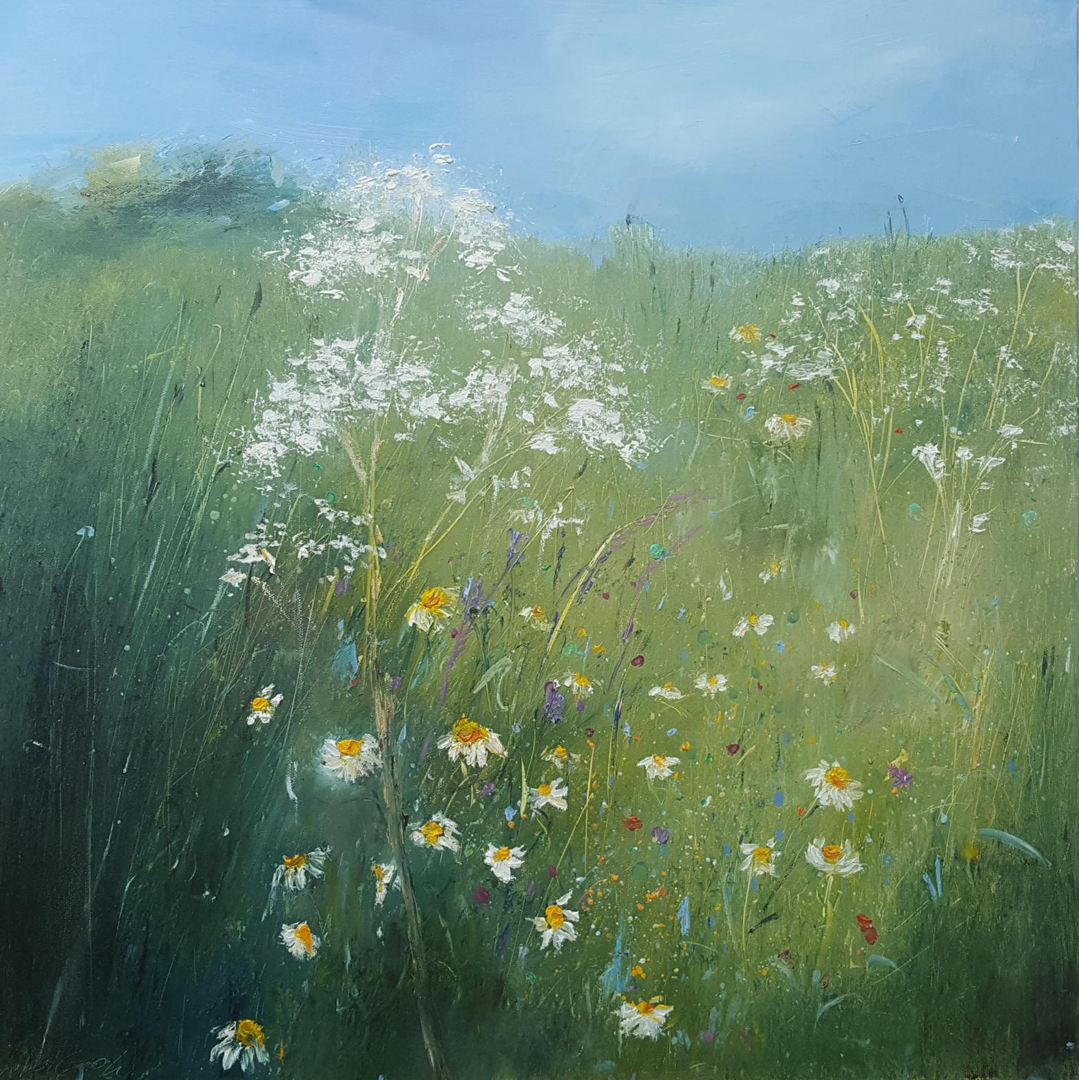 Libbi Gooch Abstract Painting - Oxeye Daisies Lower Field, Floral Art, Traditional Style Contemporary Painting