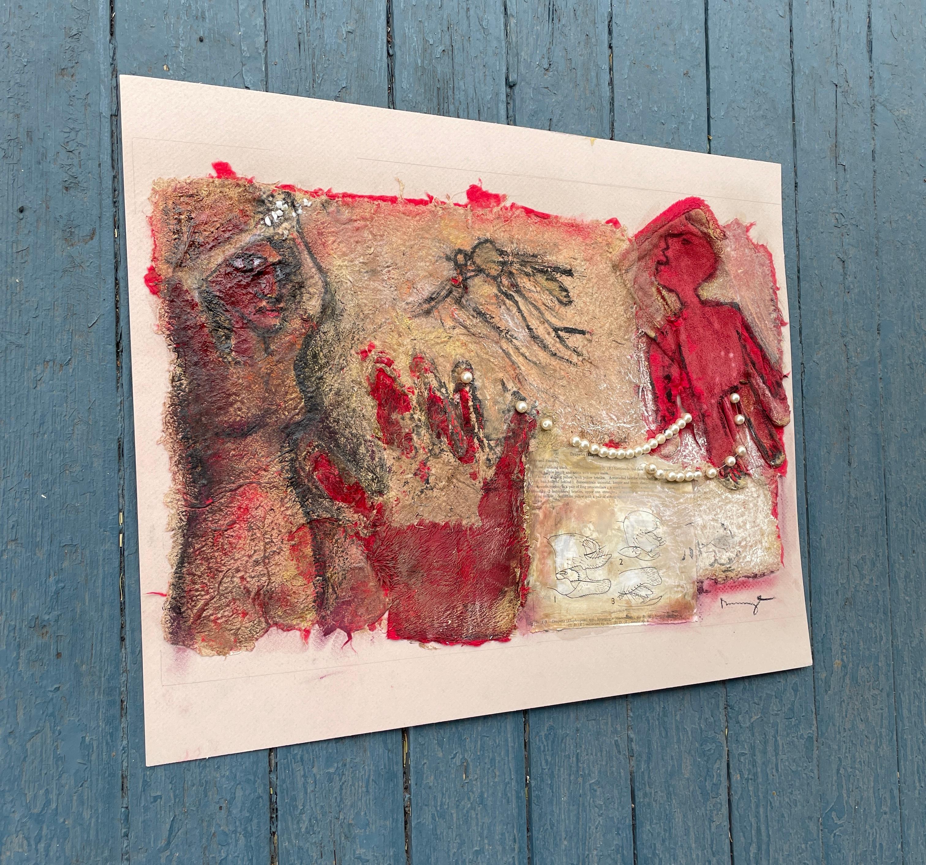 <p>Artist Comments<br>Artist Libby Ramage presents an image of two human figures and an insect. She paints the glove crimson and attaches beads and pages of a book for a revolutionary flair. 