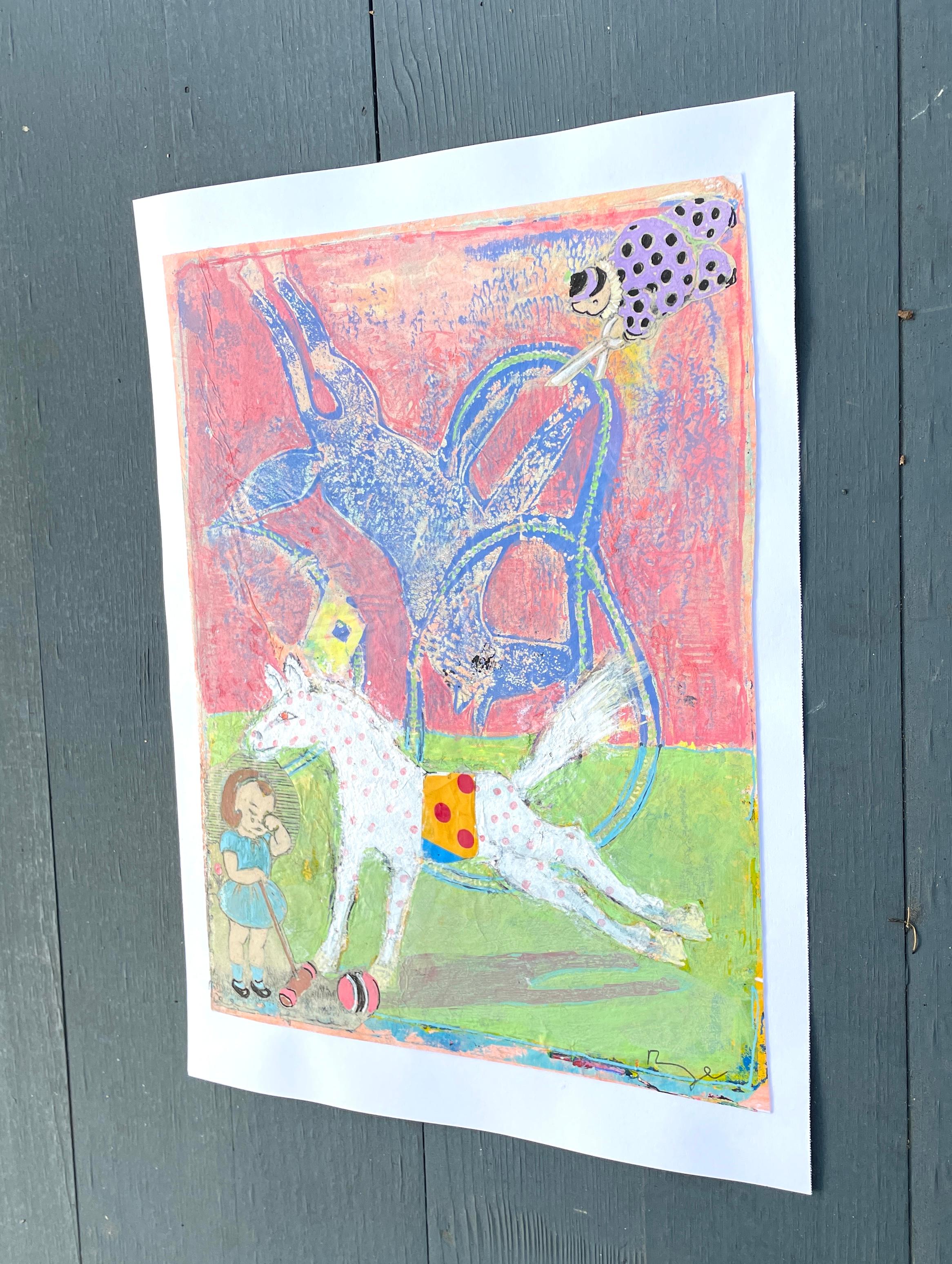 <p>Comentarios del artista<br>Dos caballos, uno erguido y el otro boca abajo, galopan en el centro de la composición. Una niña que sostiene un mazo de croquet llora en un rincón mientras un payaso que corta una cuerda flota por encima. Estas