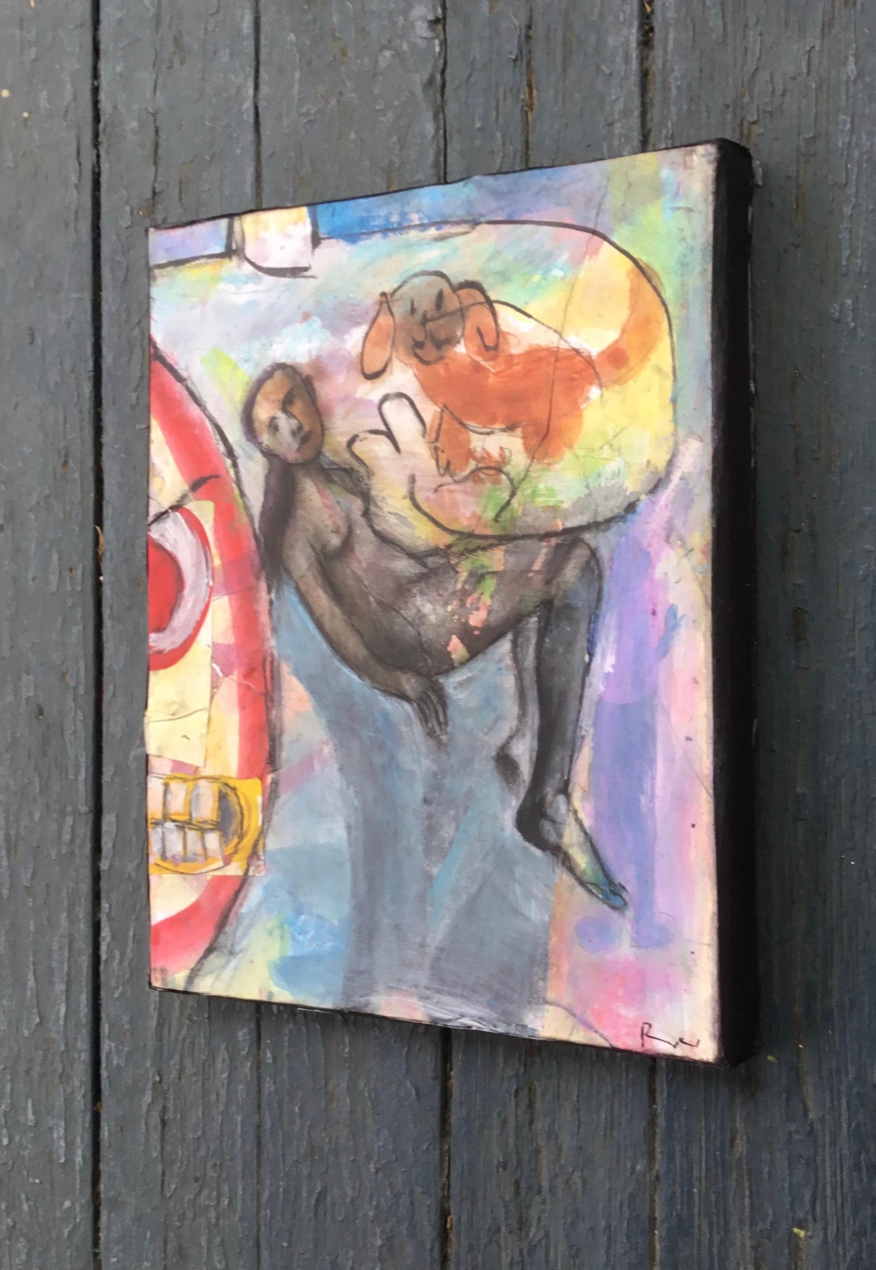 <p>Artist Comments<br>Amid the joys and struggles of her life, a young mother takes a moment to rest, accompanied by a cute puppy. In the background, a small section repurposed from a larger piece of abandoned childrenâ€™s artwork adds depth to the