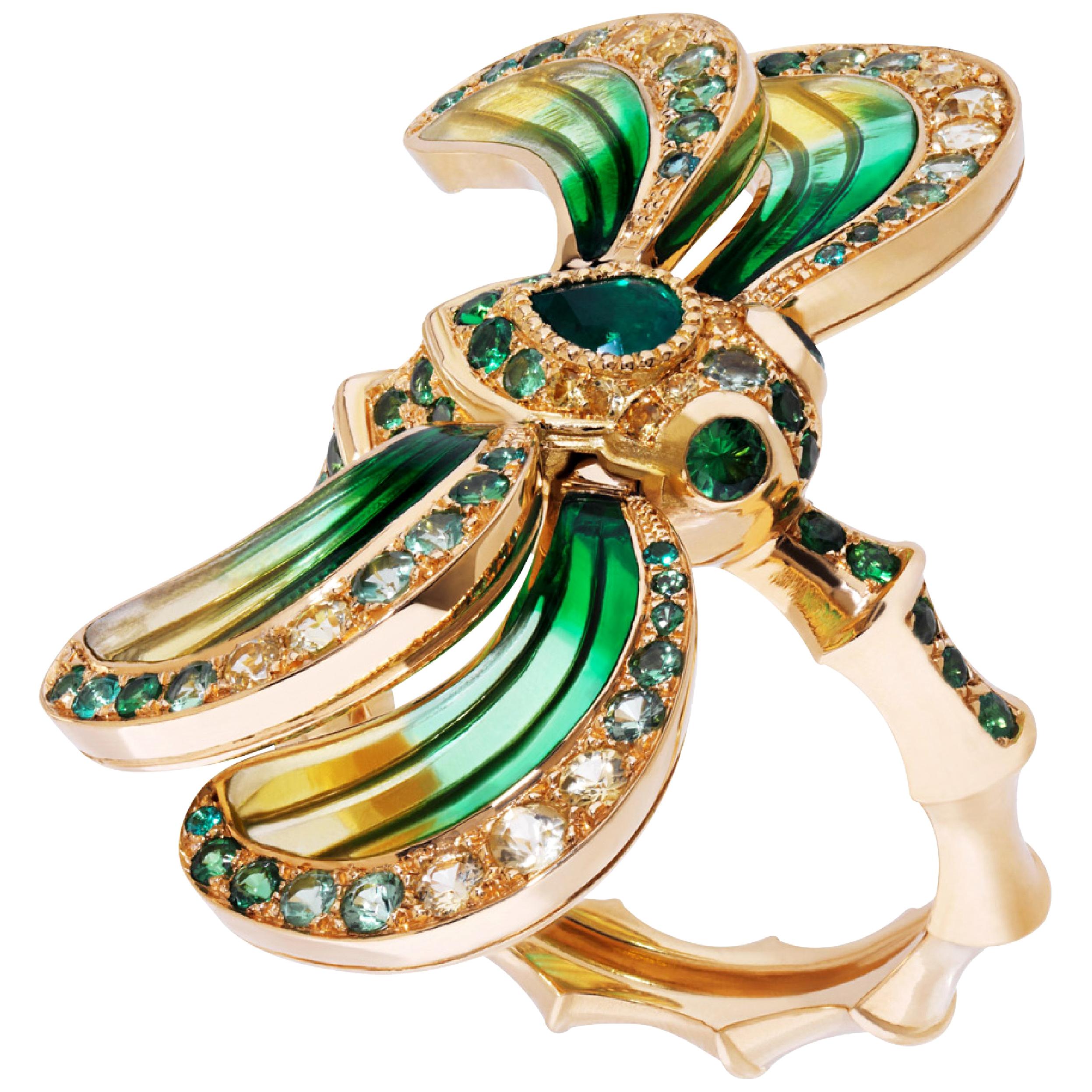 Libellule Ring Emerald Rose and Yellow Gold For Sale