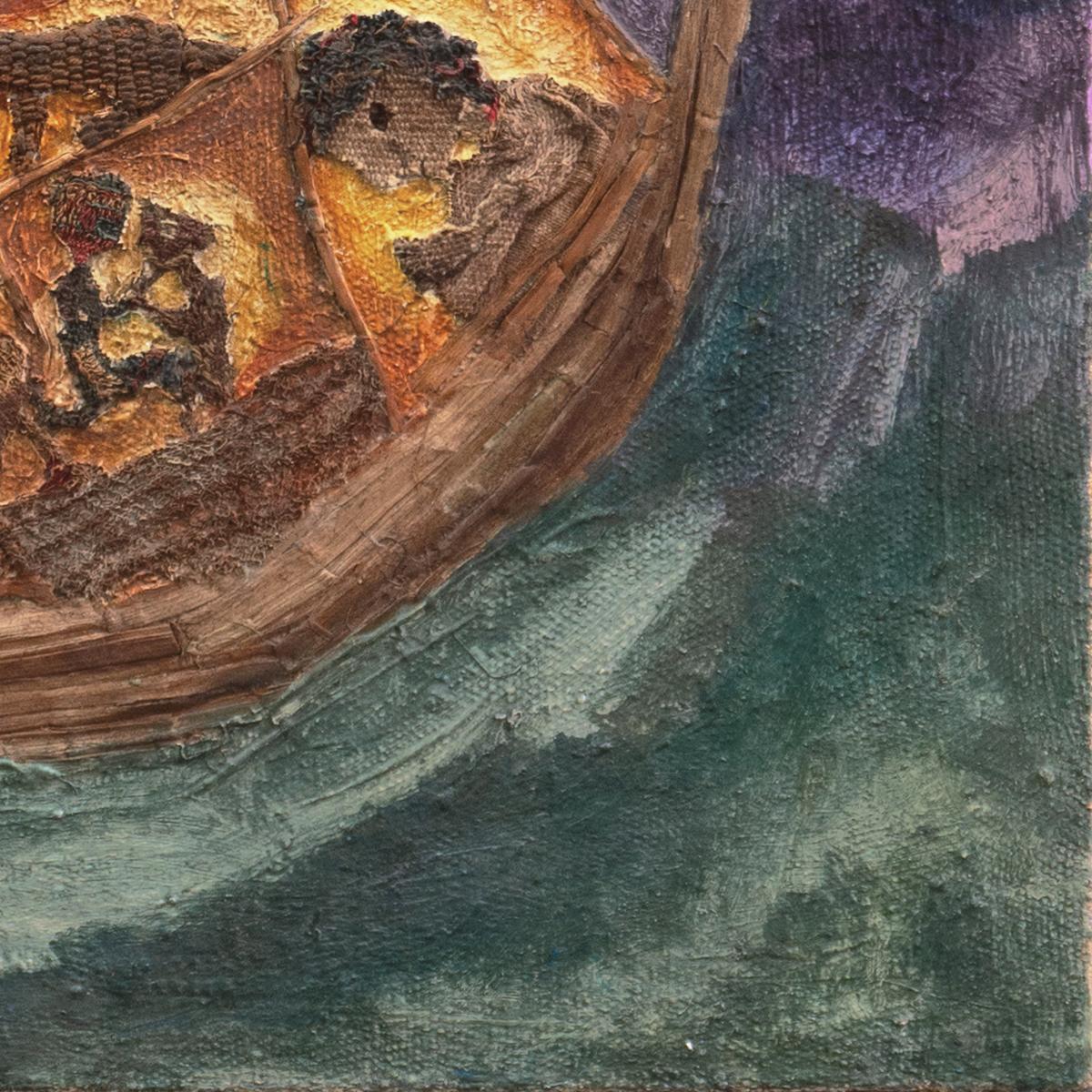 A stunningly original mixed-media collage showing an Ark containing various life-forms and a dove resting in the waves. Fridman has used oil paint, papyrus and pre-columbian textiles to fashion a powerful interpretation of this fundamental symbol of