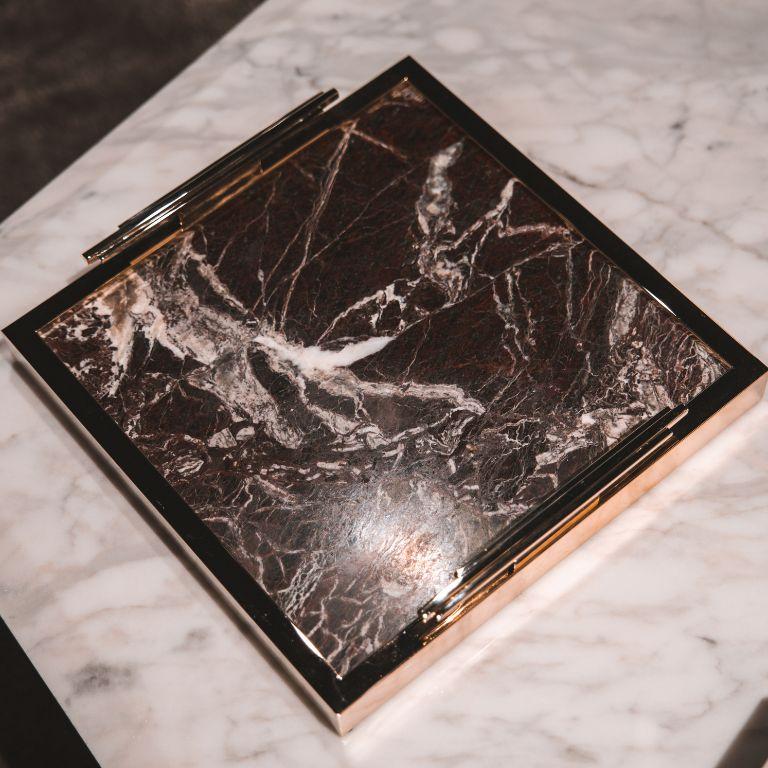 Hand-Crafted Libera Small - Marble tray with gold plated frame and hardware For Sale