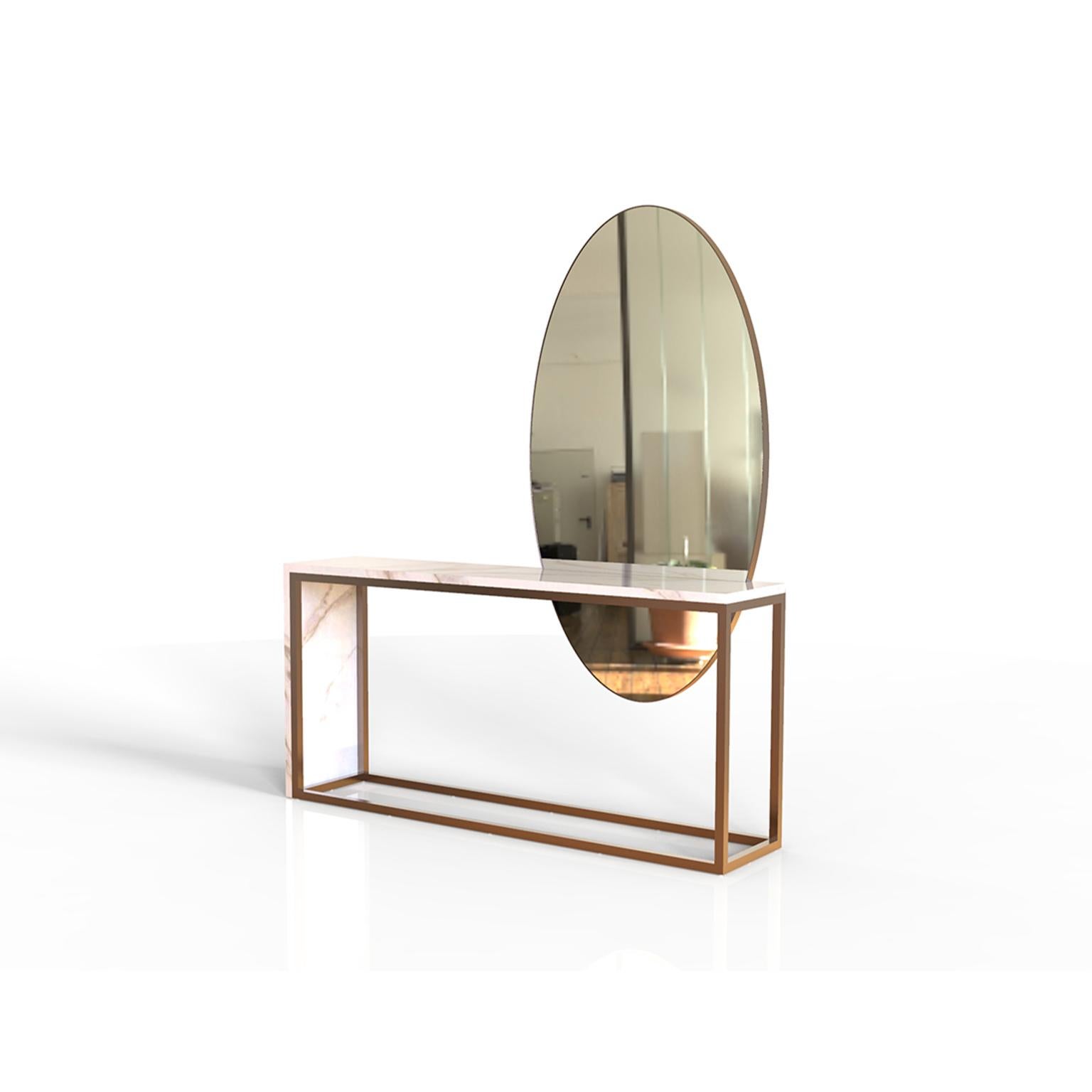 The harsh and strict lines from this console design contrast perfectly with the fluidity and sort of feminine touch of the mirror. Inspired by the Coffea liberica plant, the mirror takes an oval contour, resembling the delicate shape of the plant’s