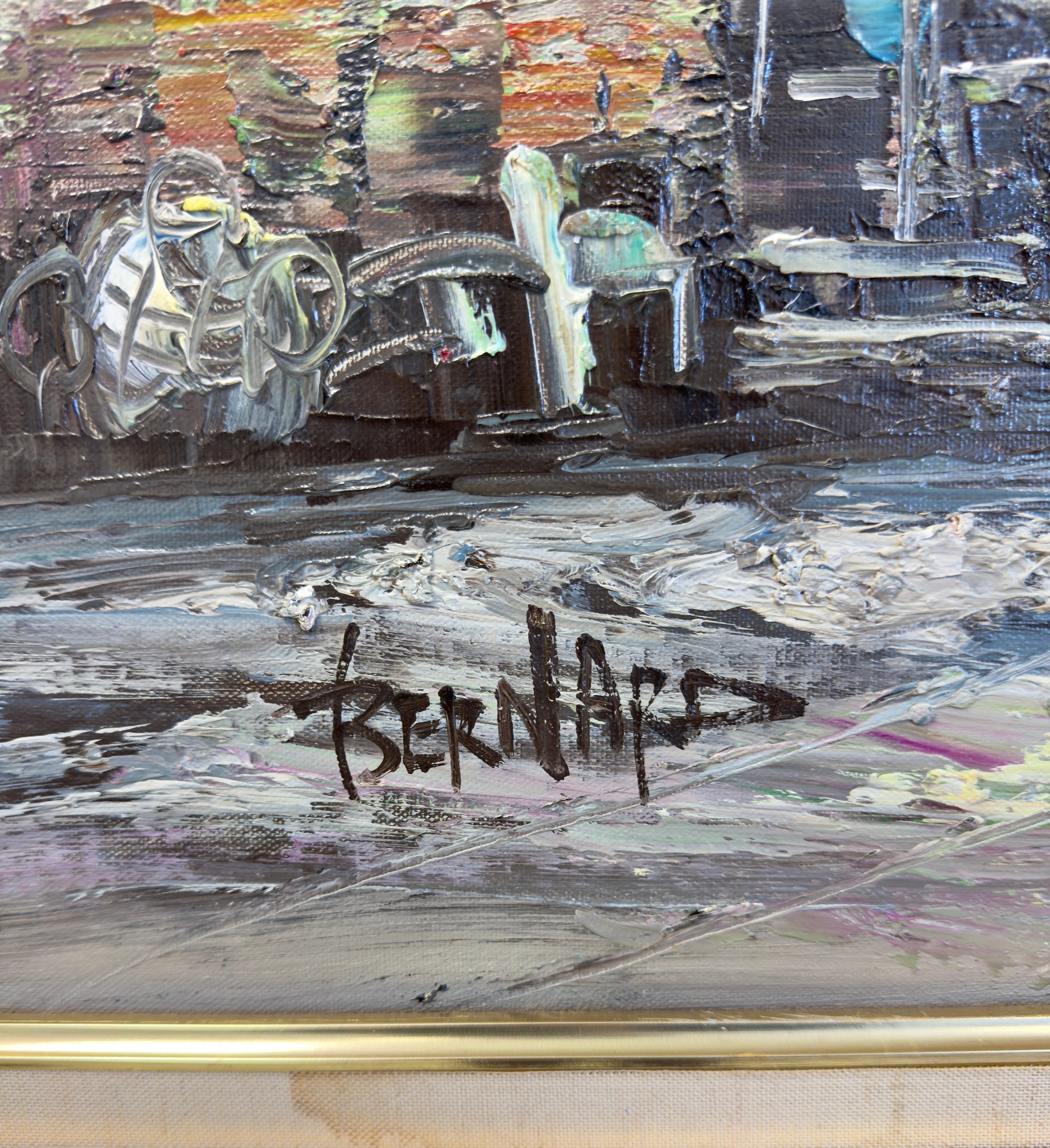 Pintura impresionista al óleo sobre lienzo de escena callejera europea por L.I. Bernard en venta 5