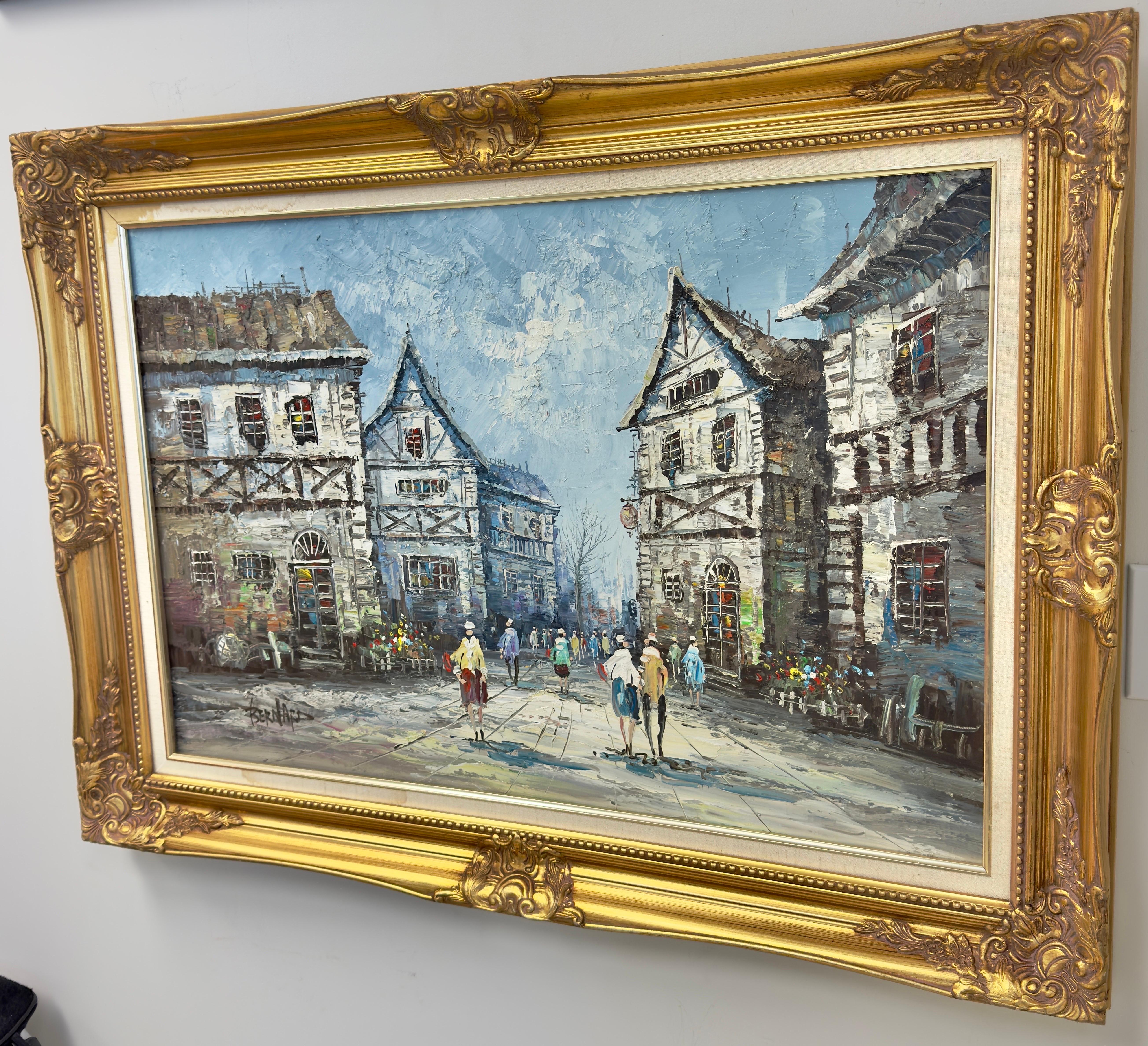 Pintura impresionista al óleo sobre lienzo de escena callejera europea por L.I. Bernard - Landscape Painting Marrón de L.I.Bernard 