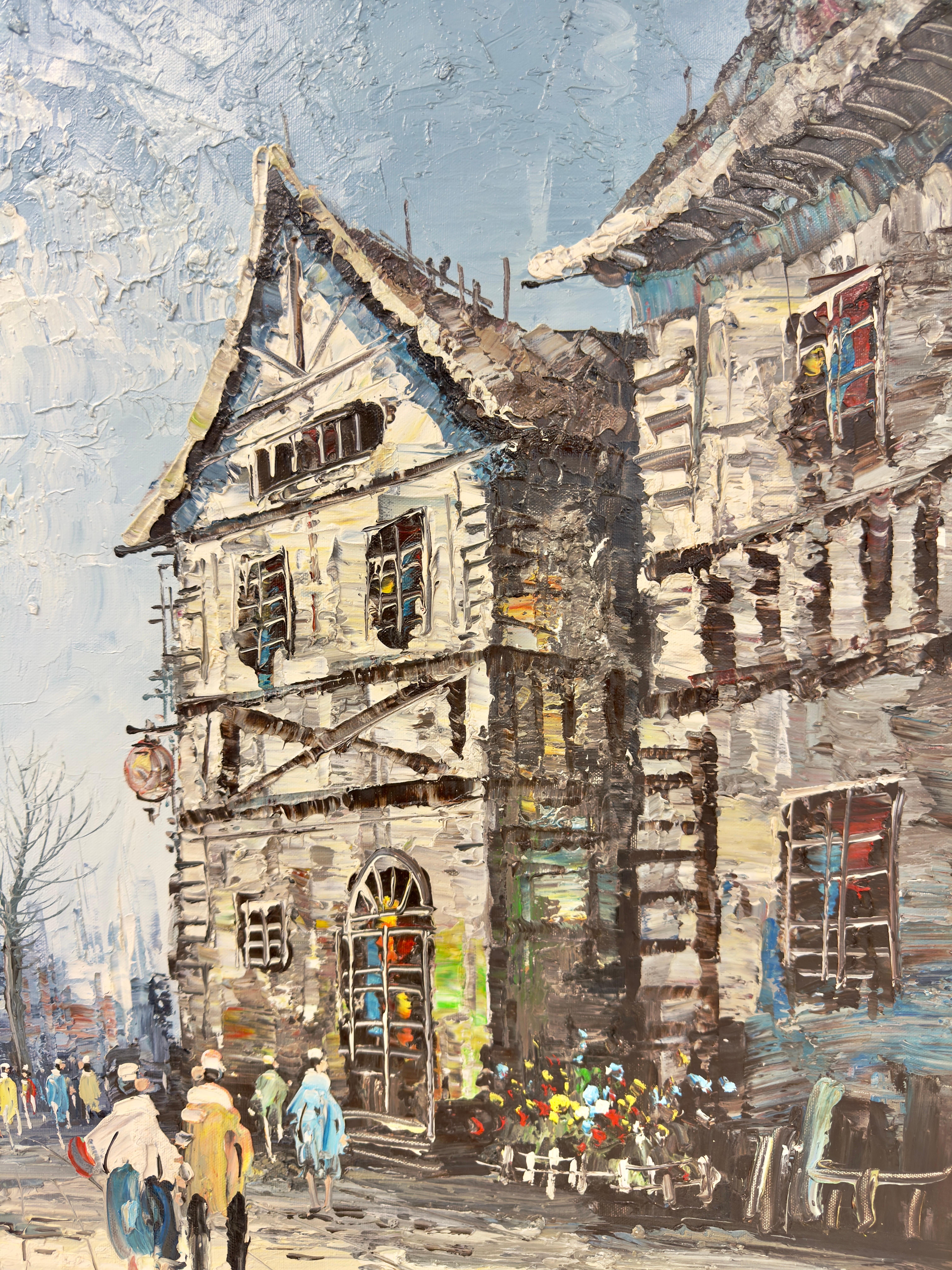 Pintura impresionista al óleo sobre lienzo de escena callejera europea por L.I. Bernard en venta 2