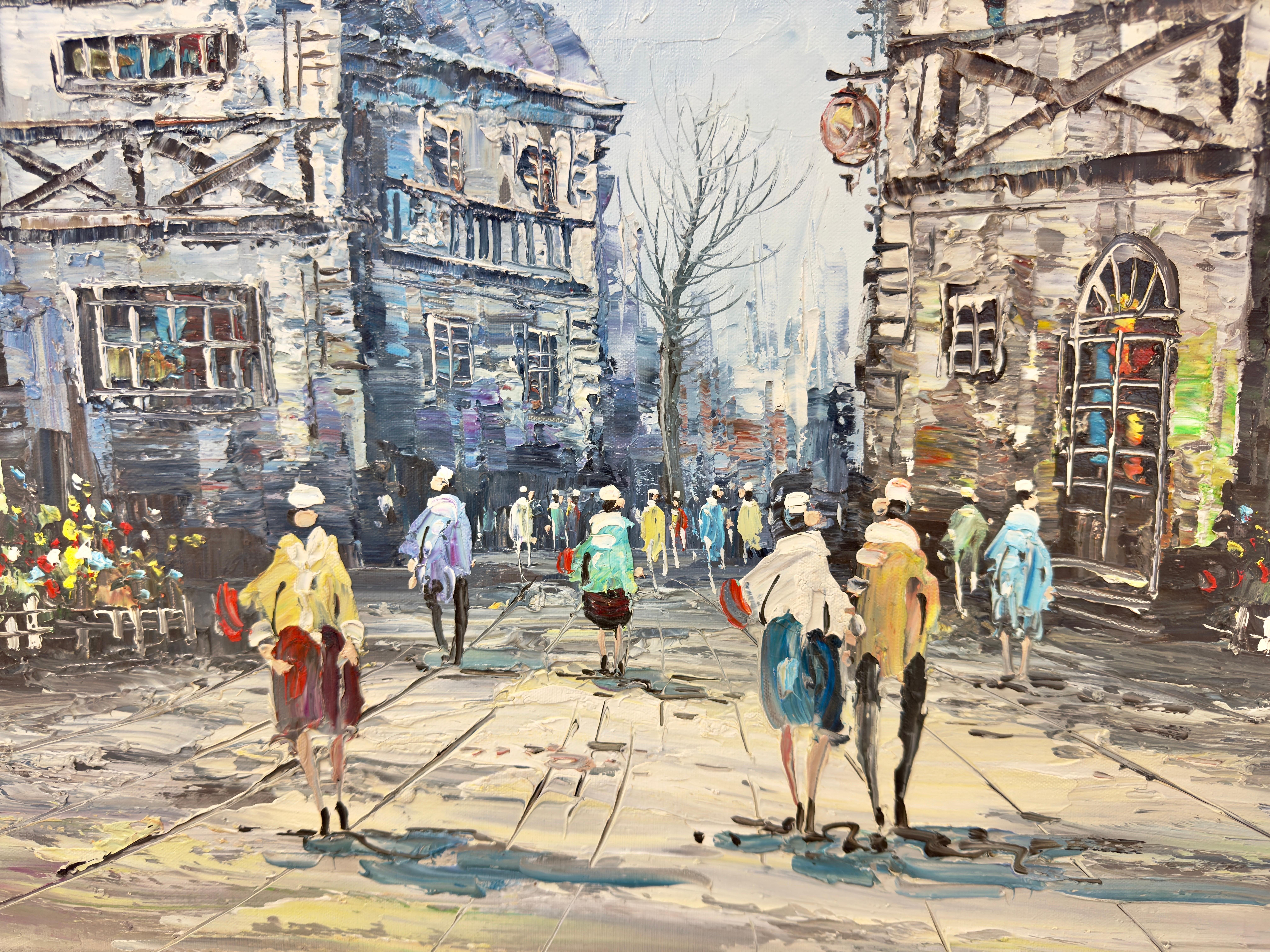 Pintura impresionista al óleo sobre lienzo de escena callejera europea por L.I. Bernard en venta 4