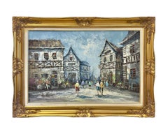 Huile sur toile impressionniste d'une scène de rue européenne par L.I. Bernard 