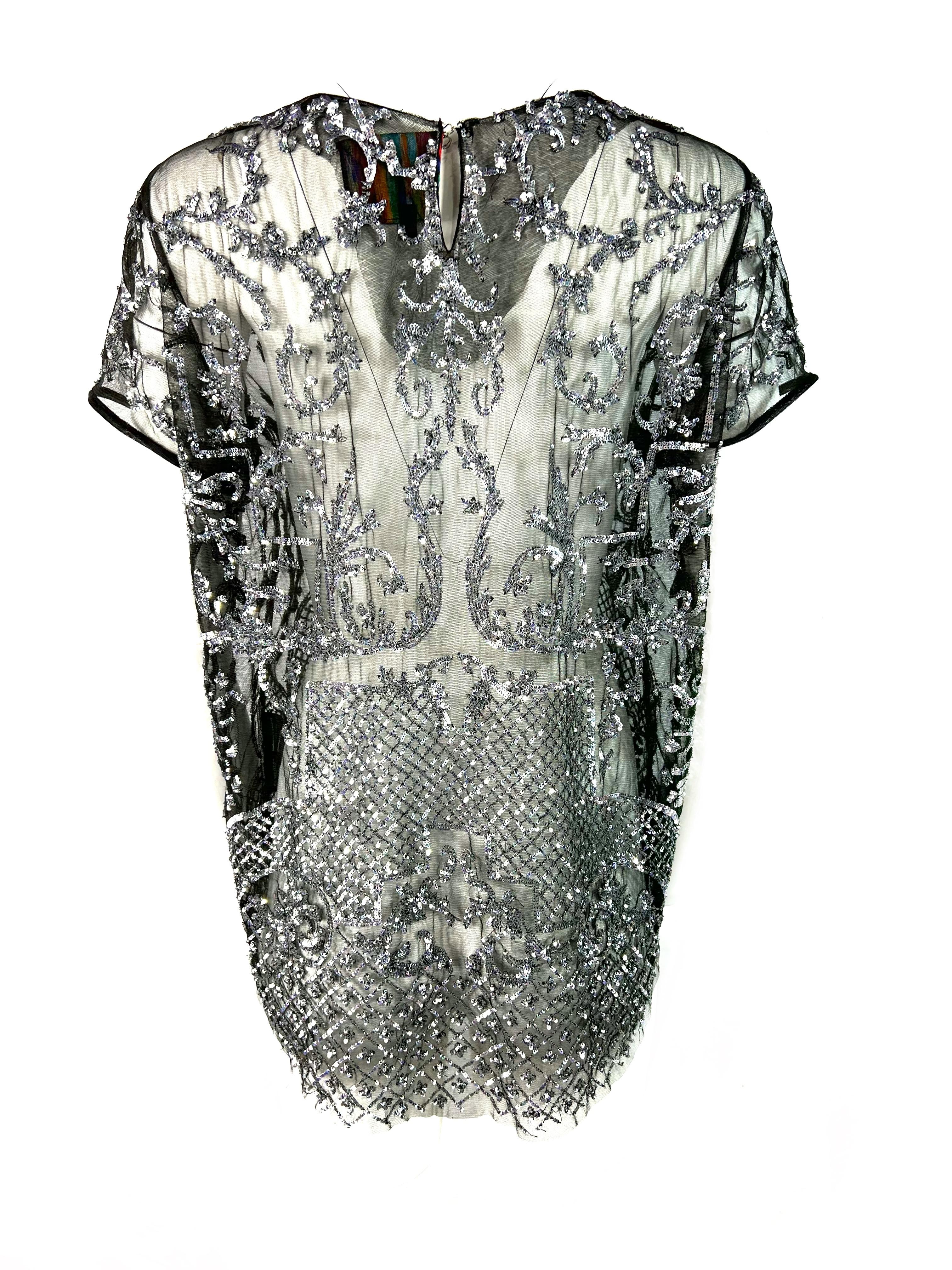 Libertine Black Mesh and Silver Metallic Sequin Top, Size Large In Excellent Condition For Sale In Beverly Hills, CA