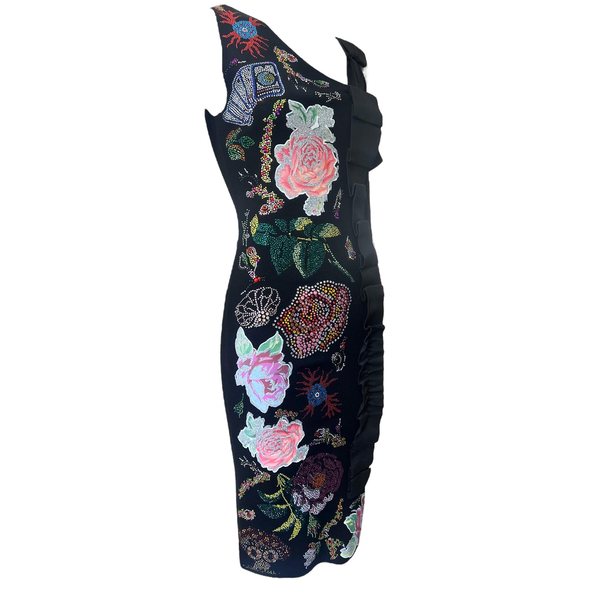 Noir Libertine F/W 2017 Heavily Embellished Rose Print Black Wool Dress, NWT en vente