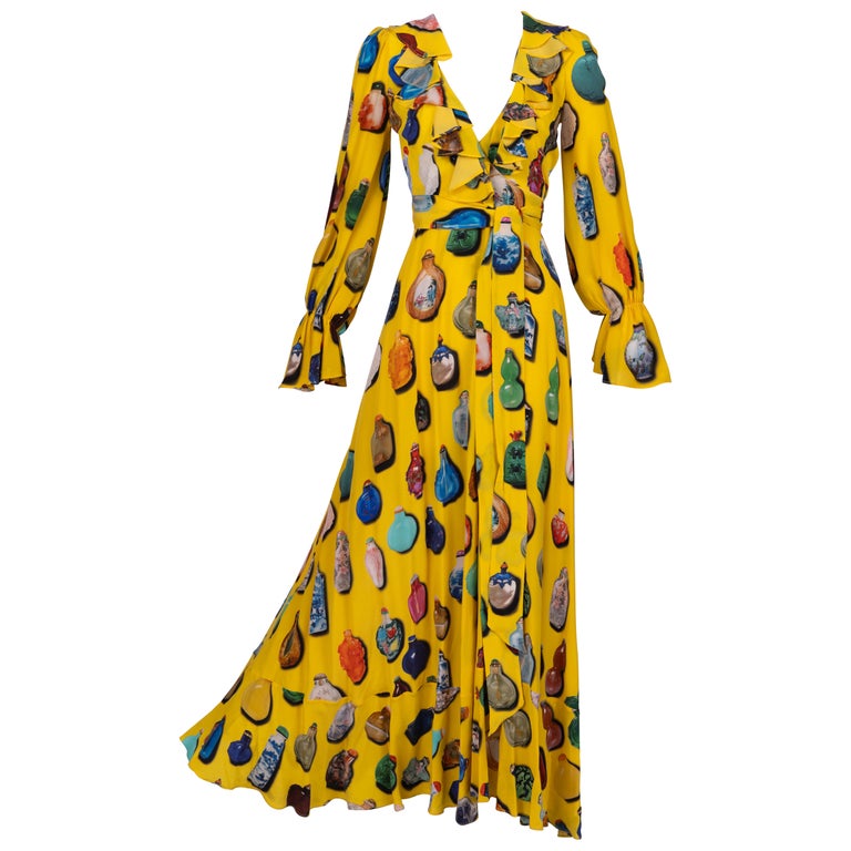 Libertine Fall 2018 Runway Yellow Snuff Bottle Print Silk Wrap Dress  Look 5