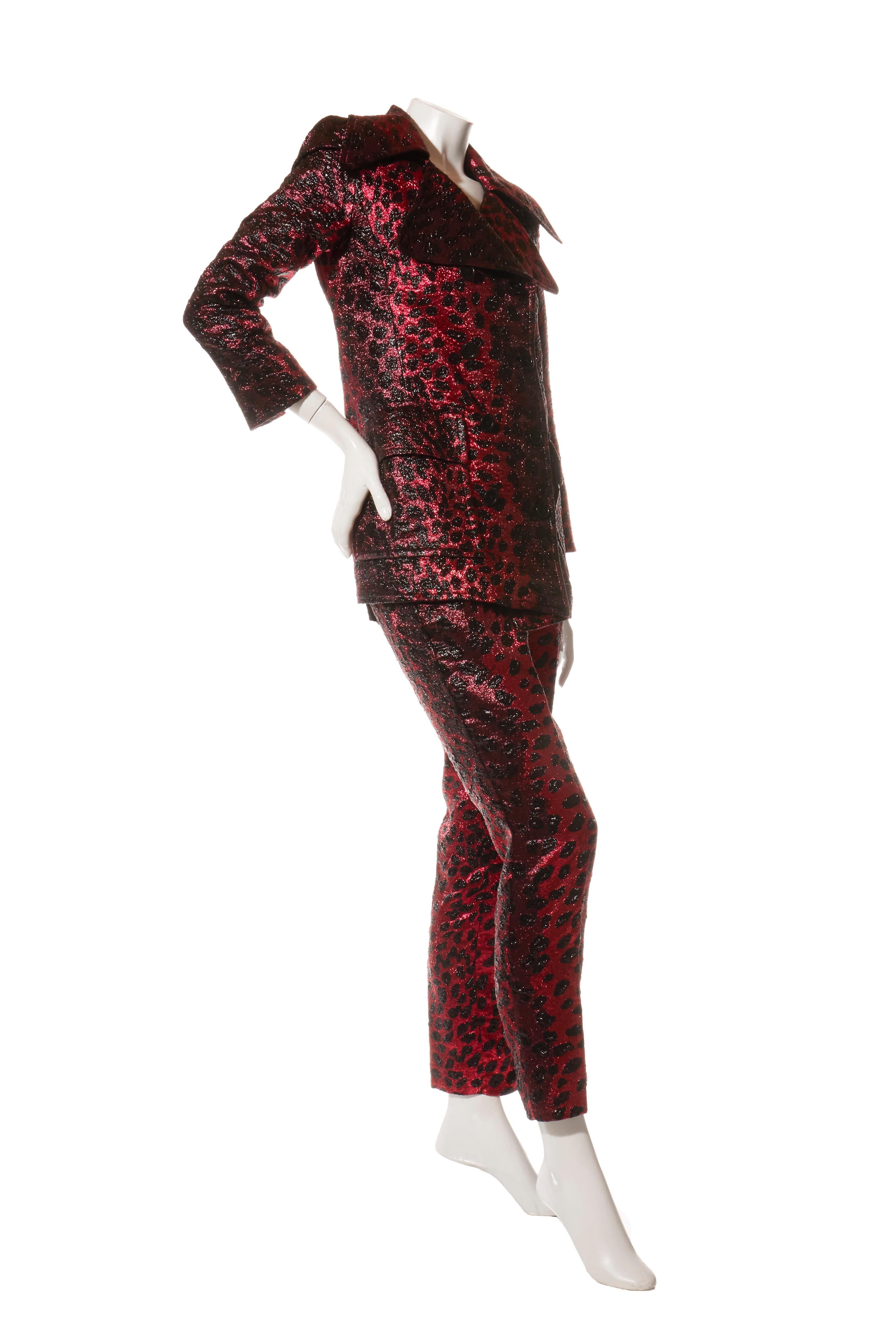 Libertine FW 2019 Metallic Leopard Jacquard Suit Red & Black Handmade Size S In Excellent Condition For Sale In Woodland Hills, CA