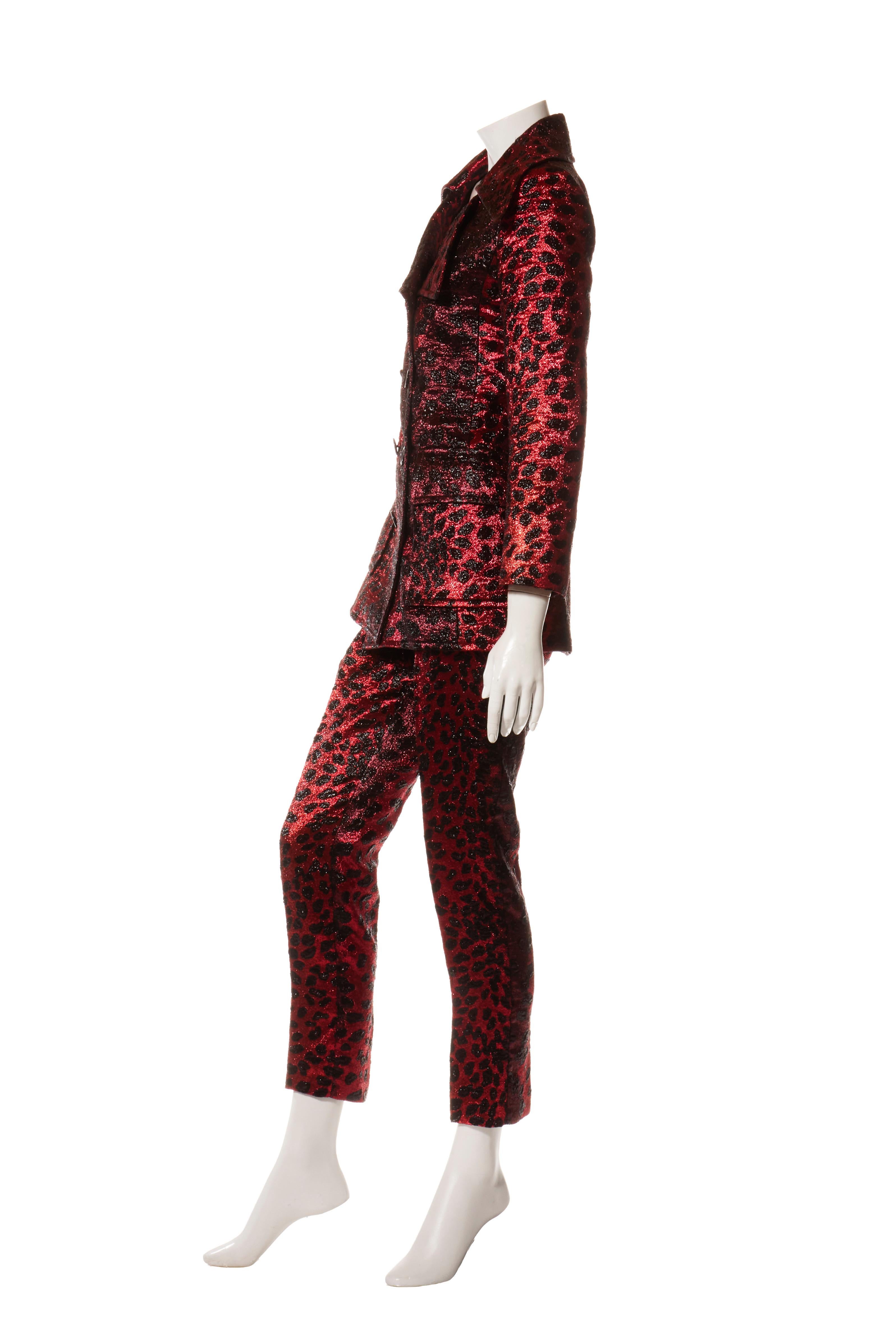 Women's Libertine FW 2019 Metallic Leopard Jacquard Suit Red & Black Handmade Size S For Sale