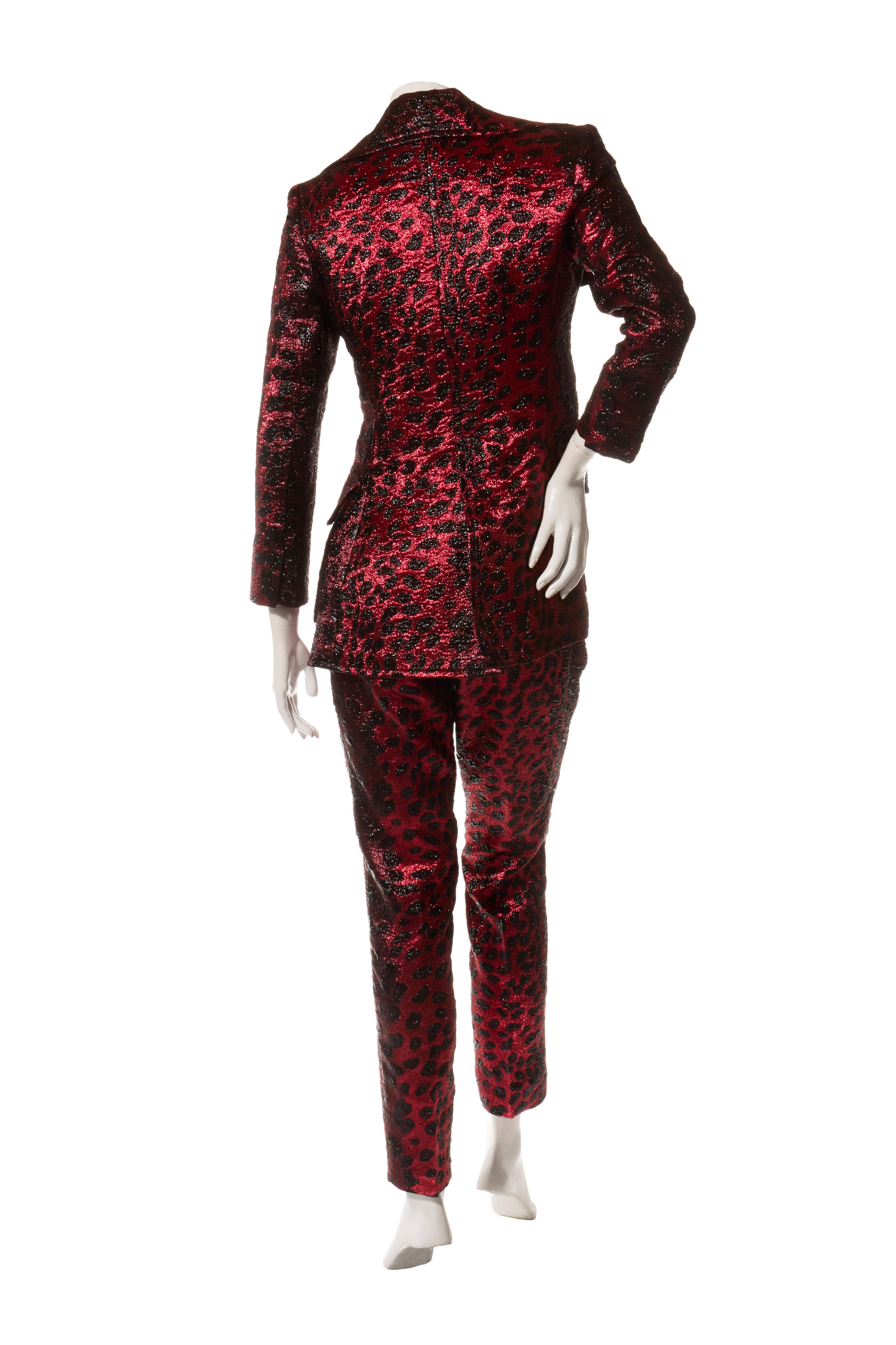Libertine FW 2019 Metallic Leopard Jacquard Suit Red & Black Handmade Size S For Sale 1