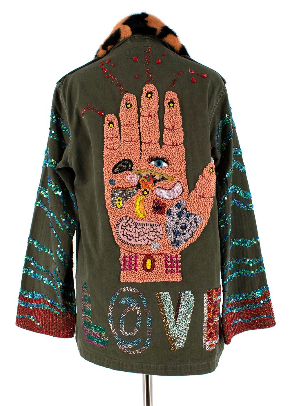 Libertine Green Embellished Army Jacket With Fur Collar

- Detachable orange & black animal print fur collar 
- Front button fastening 
- Quirky embroidered and sequin applique patterns and details 
- Two front button fastened patch pockets