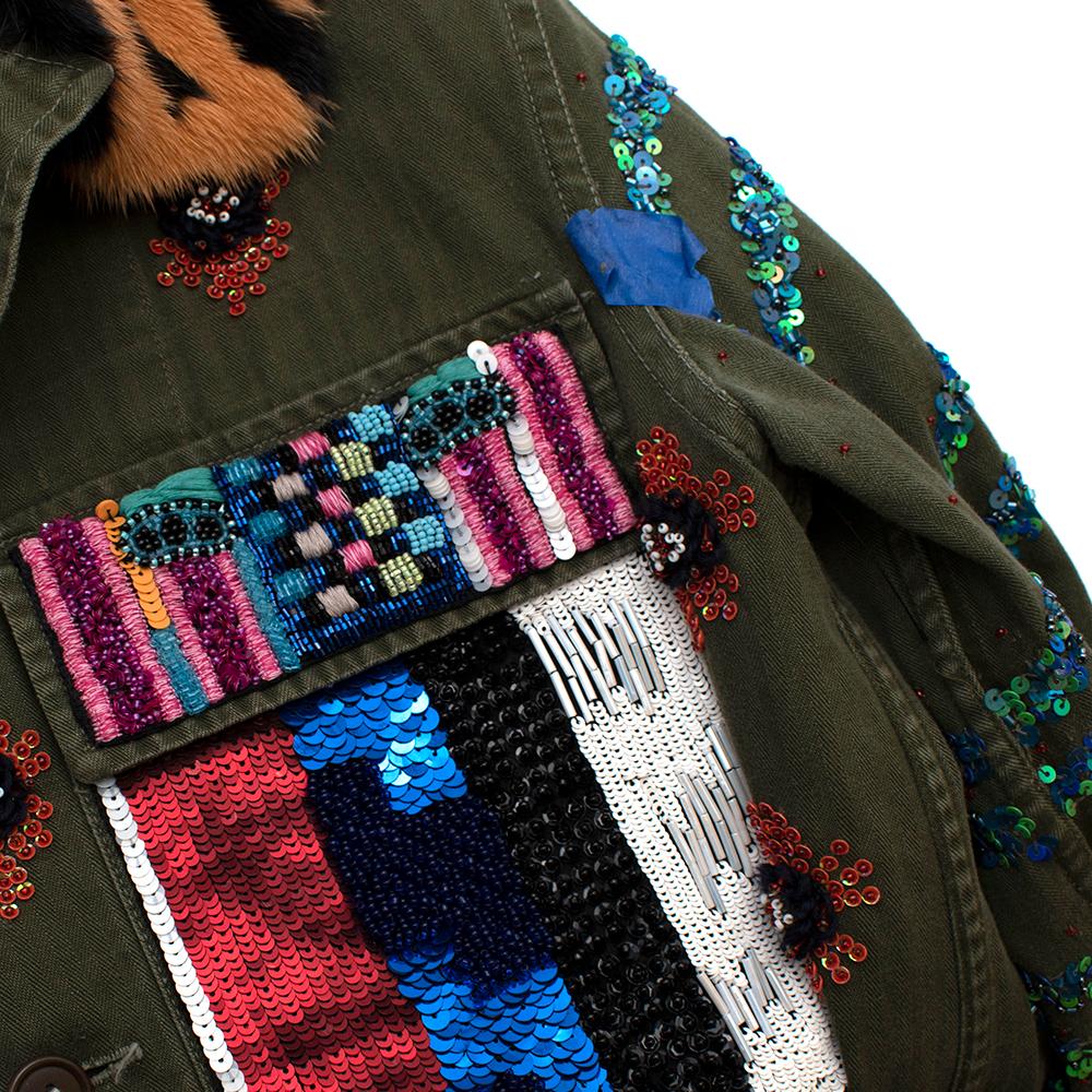 Black Libertine Green Embellished Army Jacket With Fur Collar - Size M/L