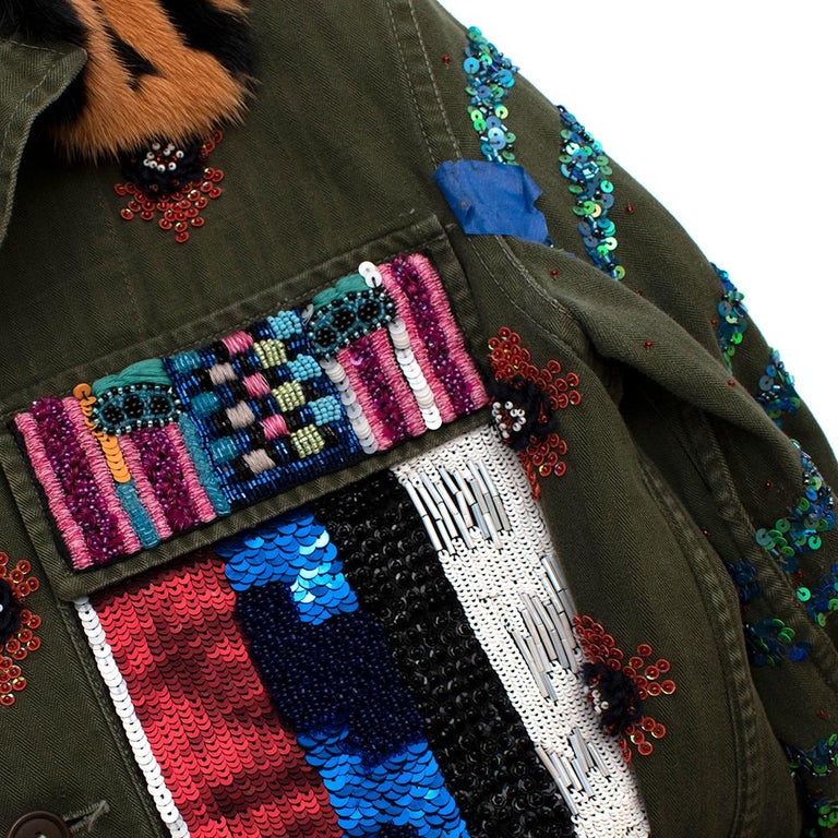 Libertine Green Embellished Army Jacket With Fur Collar Size M/L at