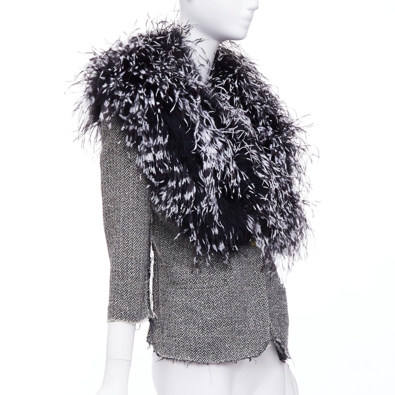 Black LIBERTINE handmade black white feather collar herringbone tweed jacket