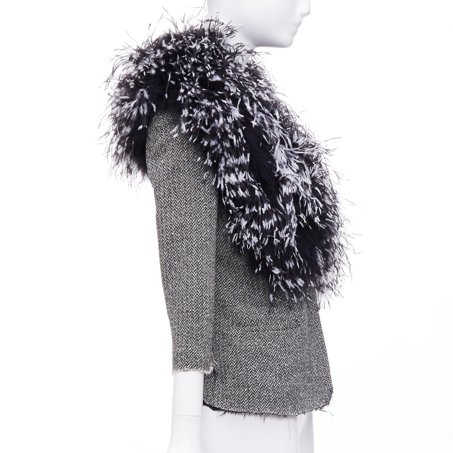 LIBERTINE handmade black white feather collar herringbone tweed jacket In Excellent Condition In Hong Kong, NT