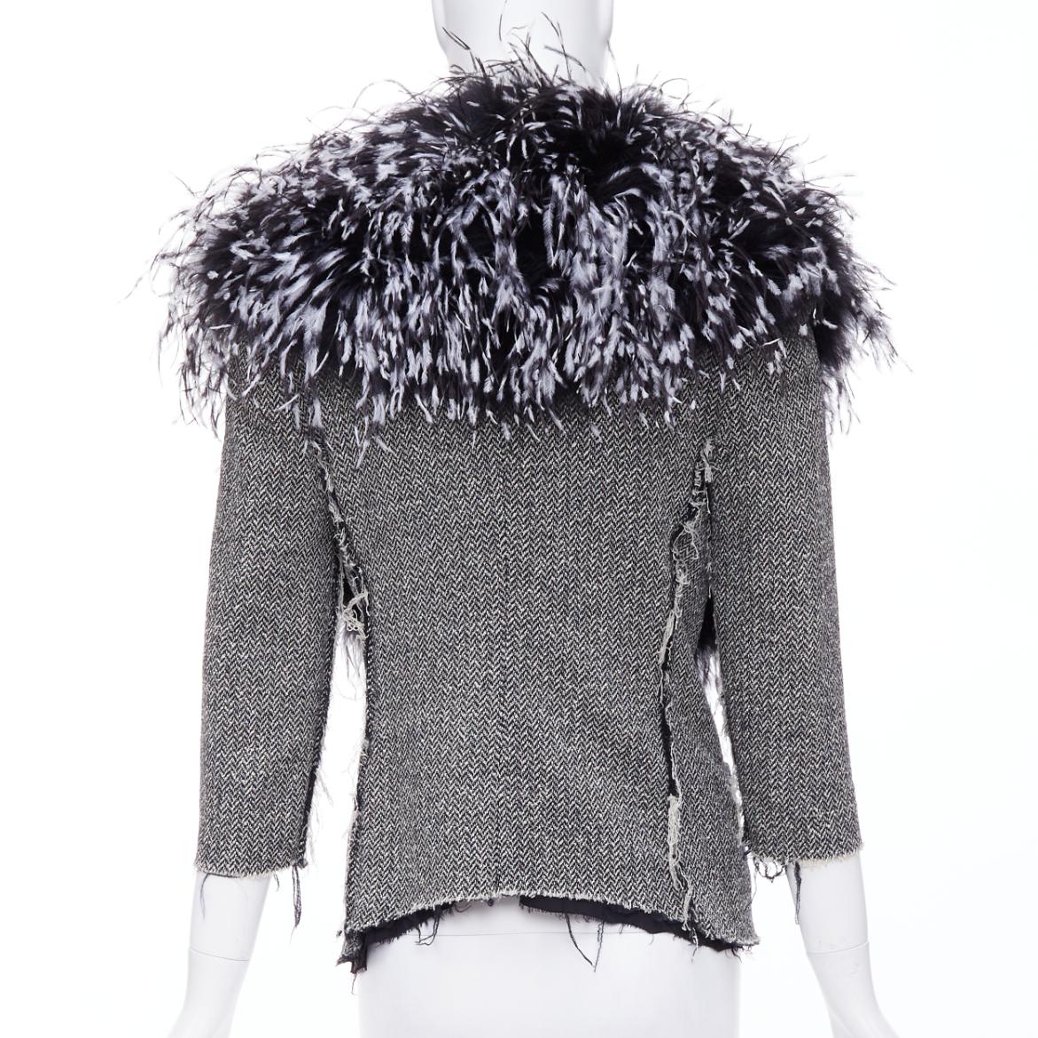 Women's LIBERTINE handmade black white feather collar herringbone tweed jacket
