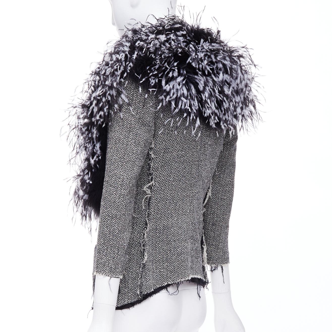 LIBERTINE handmade black white feather collar herringbone tweed jacket For Sale 1