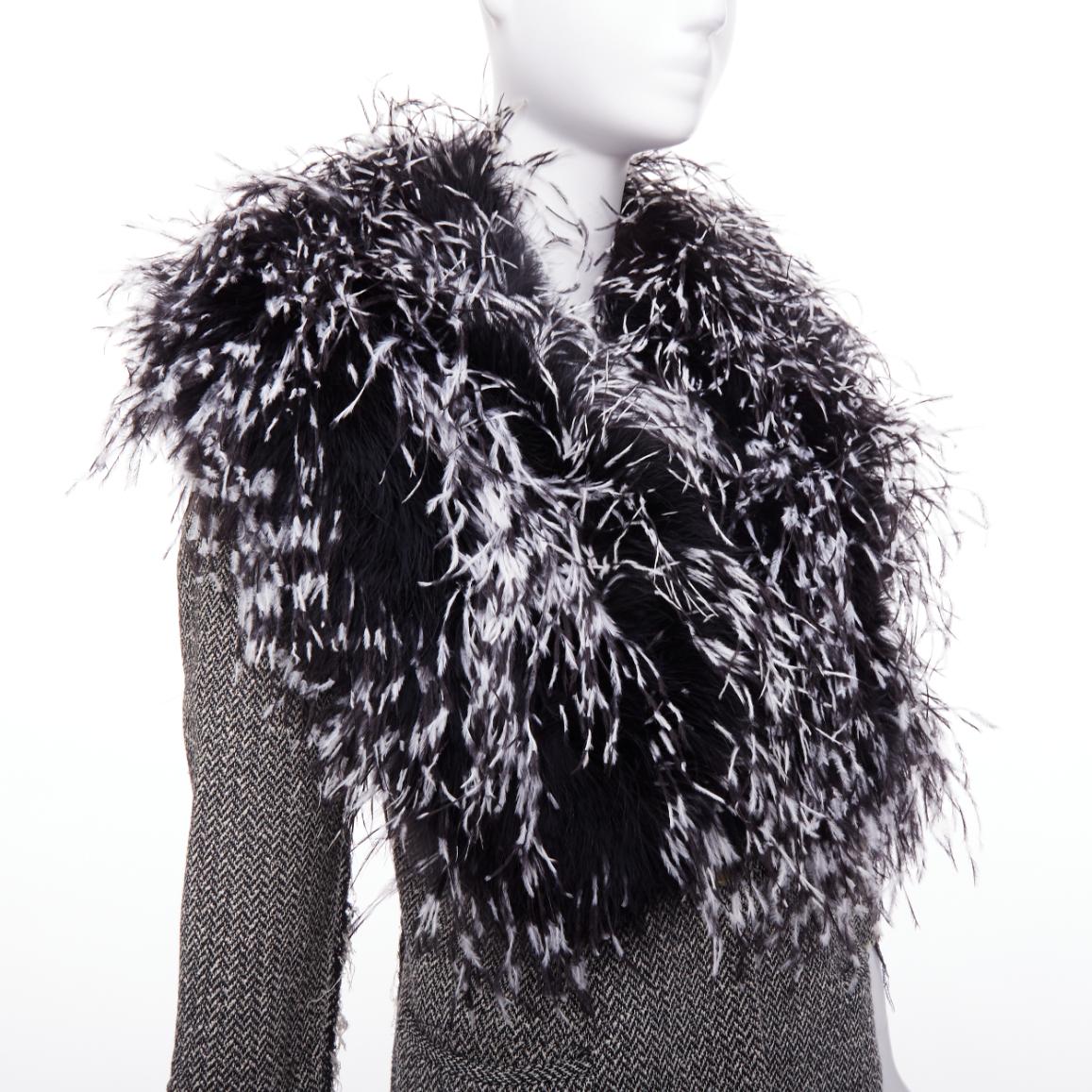 LIBERTINE handmade black white feather collar herringbone tweed jacket 2