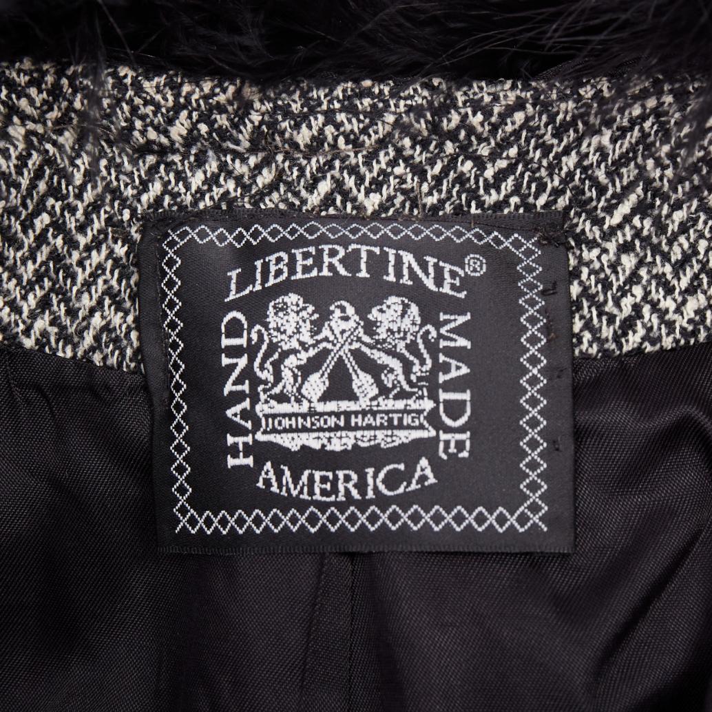 LIBERTINE handmade black white feather collar herringbone tweed jacket For Sale 3