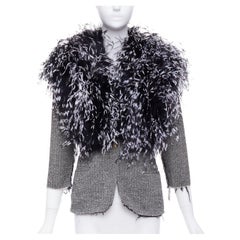 LIBERTINE handmade black white feather collar herringbone tweed jacket