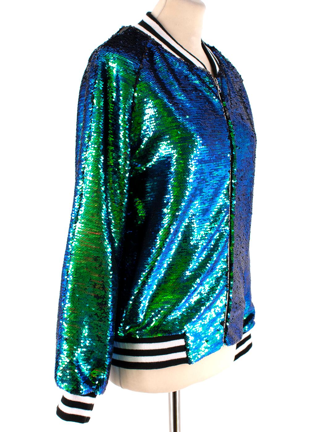 Libertine Green Sequin Bomber Jacket 

- Front zip fastening 
- Two slip pockets 
- Sequin embellished 
- Black & white striped ribbed trim 

Materials:
- Polyester 

Dry clean only 

Handmade in America 

Shoulders - 24cm
Sleeves - 48.5cm
Chest -